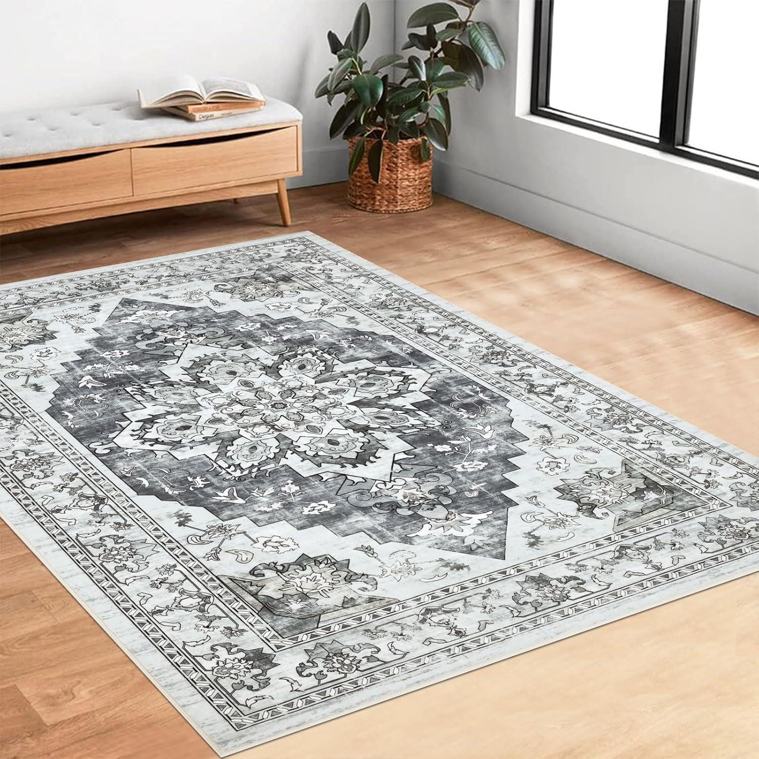 Gray 5' x 7' Vintage Washable Non-Slip Area Rug