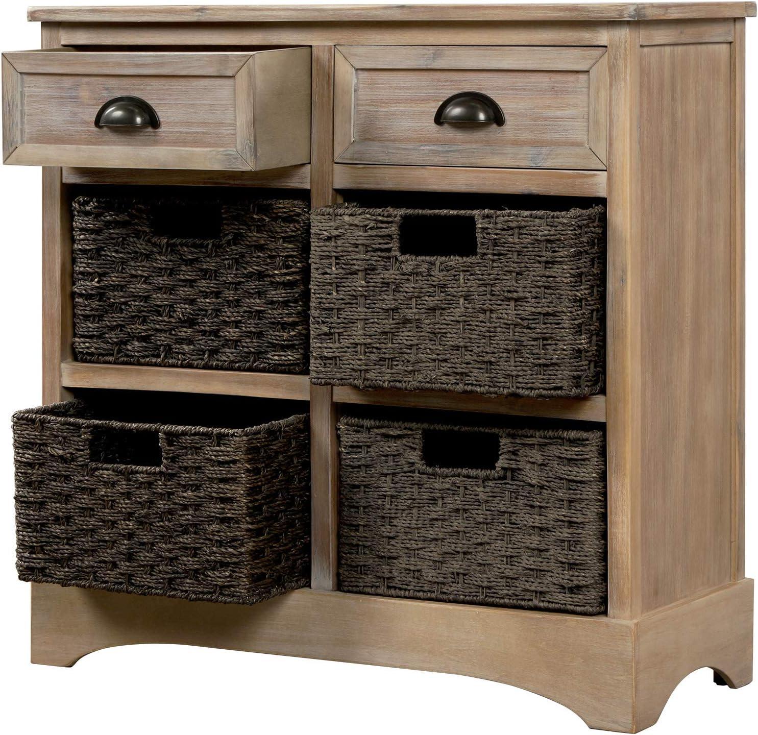 White Washed Rustic Storage Cabinet with 2-Drawers and 4-Classic Fabric Basket