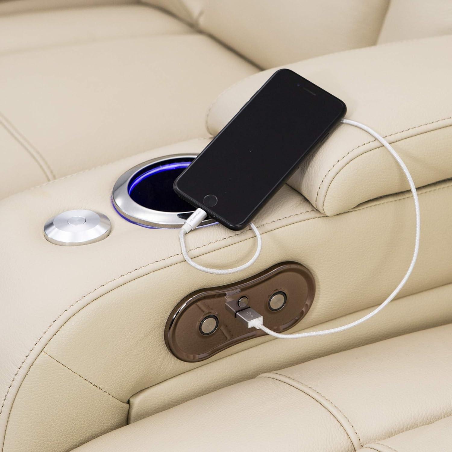 Seatcraft Serenity Italian Leather Home Theater Seating - Living Room - Power Recline - Tray Tables - in-Arm Storage - Ambient Base Lighting and Lighted Cupholders (Row of 4 Middle Loveseat, Cream)