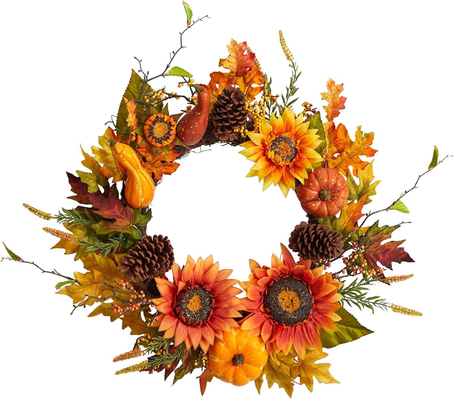 24'' Fall Sunflower and Pumpkin Artificial Wreath