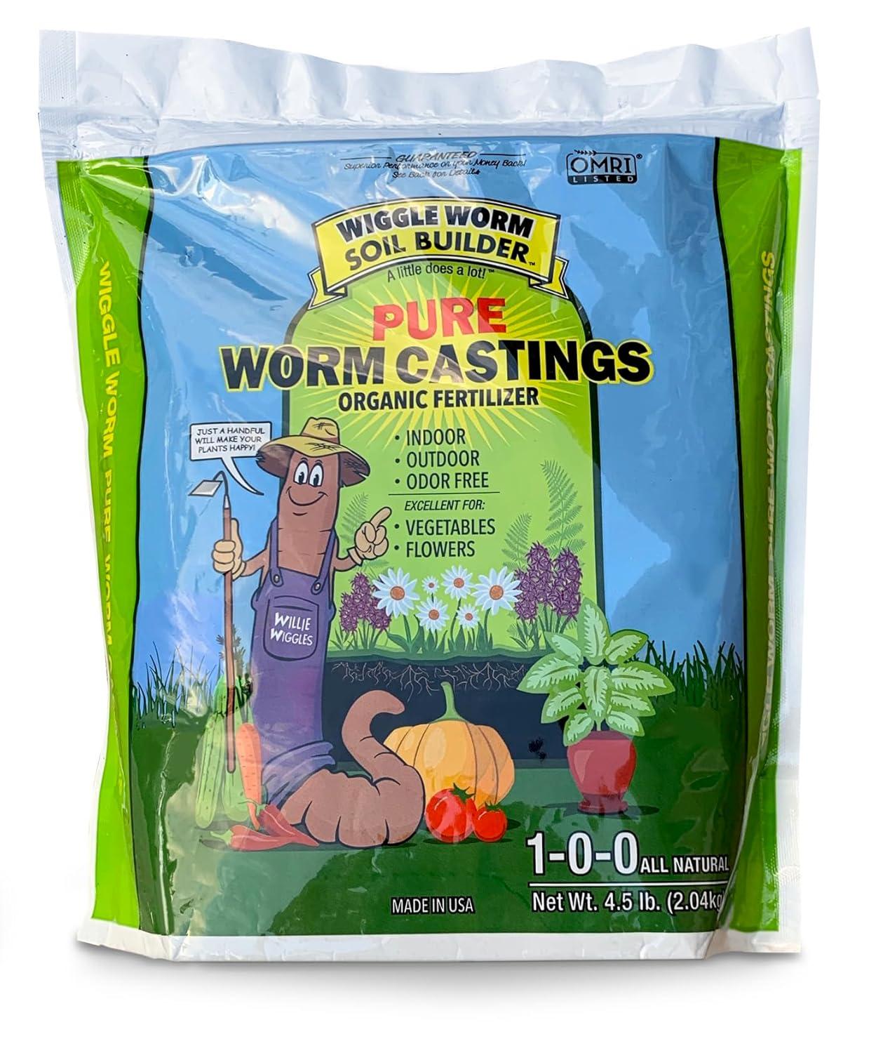 Wiggle Worm 100% Pure Organic Worm Castings - Organic Fertilizer for Houseplants, Vegetables, and More, 4.5-Pounds