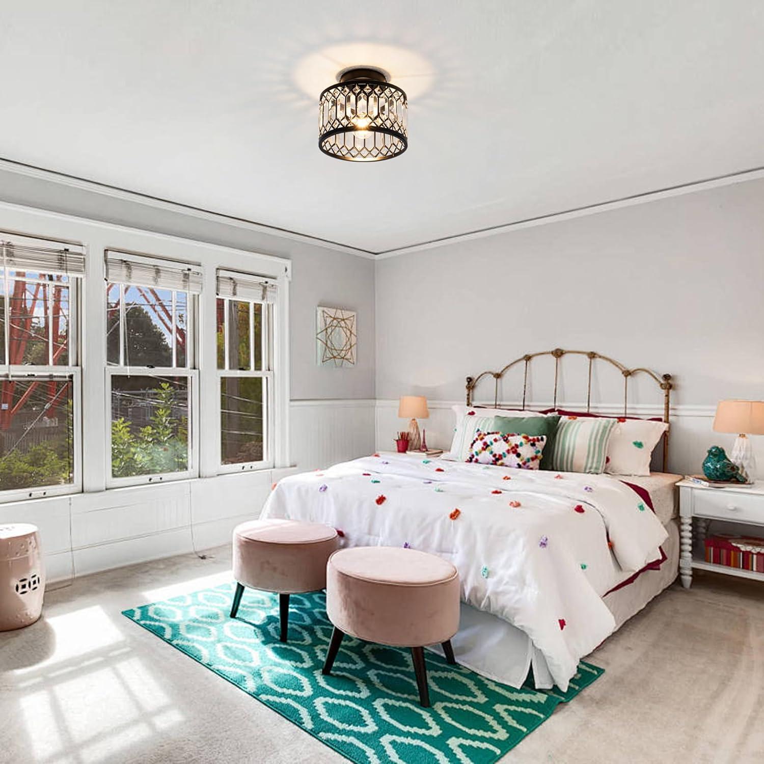 Crystal Ceiling Light Fixture, Modern Semi Flush Mount Ceiling Light,Crystal Chandelier for Kitchen Bedroom Bathroom Entryway Black (Bulb not Included)