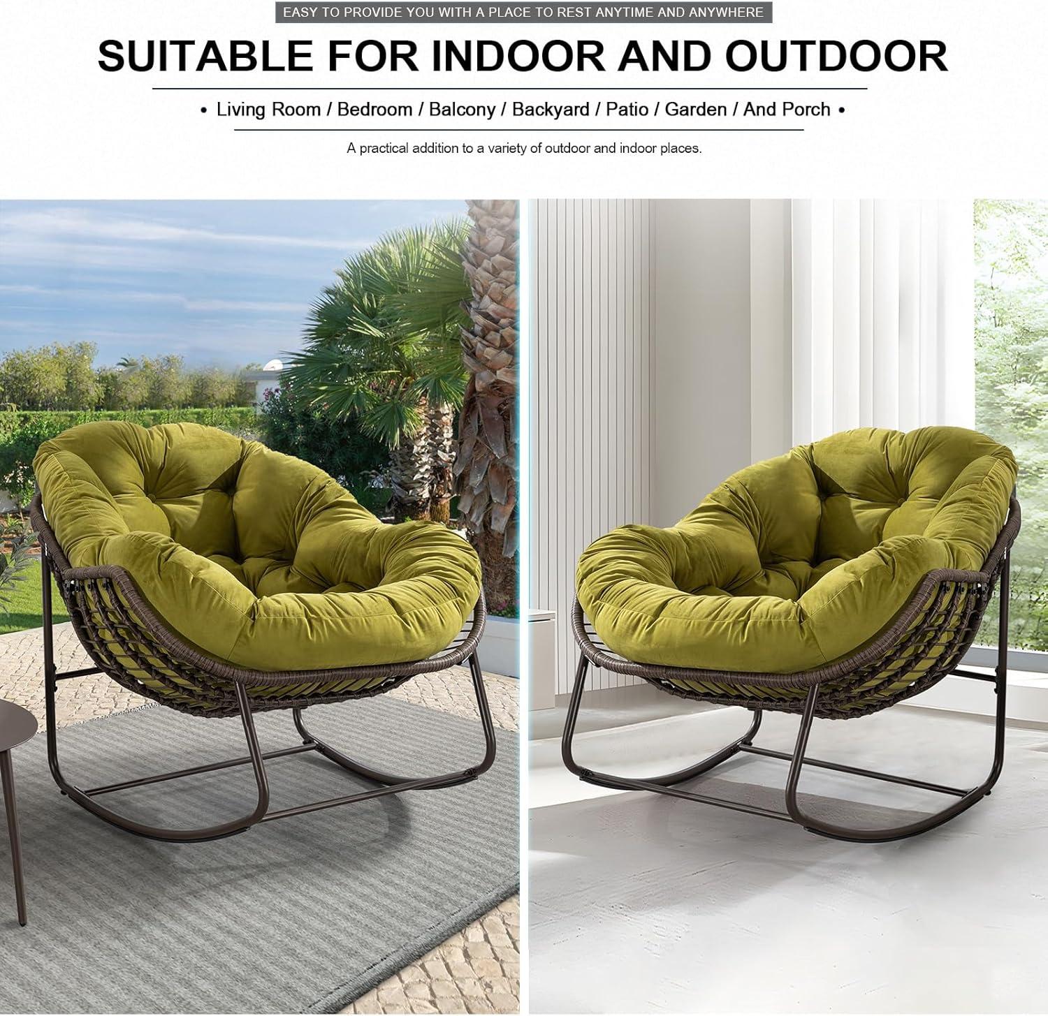 KINFFICT Outdoor Rocking Chair,Oversized Rattan Egg Chair,Indoor Outside Padded Cushion Rocker Recliner Chair,Modern Lounge Chair for Front Porch,Garden,Backyard,Balcony,Deck,Olive Green,Set of 1