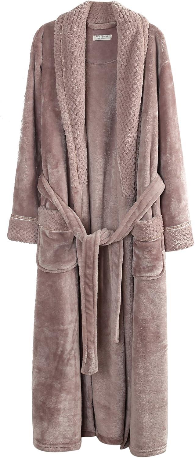 Medium Beige Plush Fleece Bathrobe with Belt