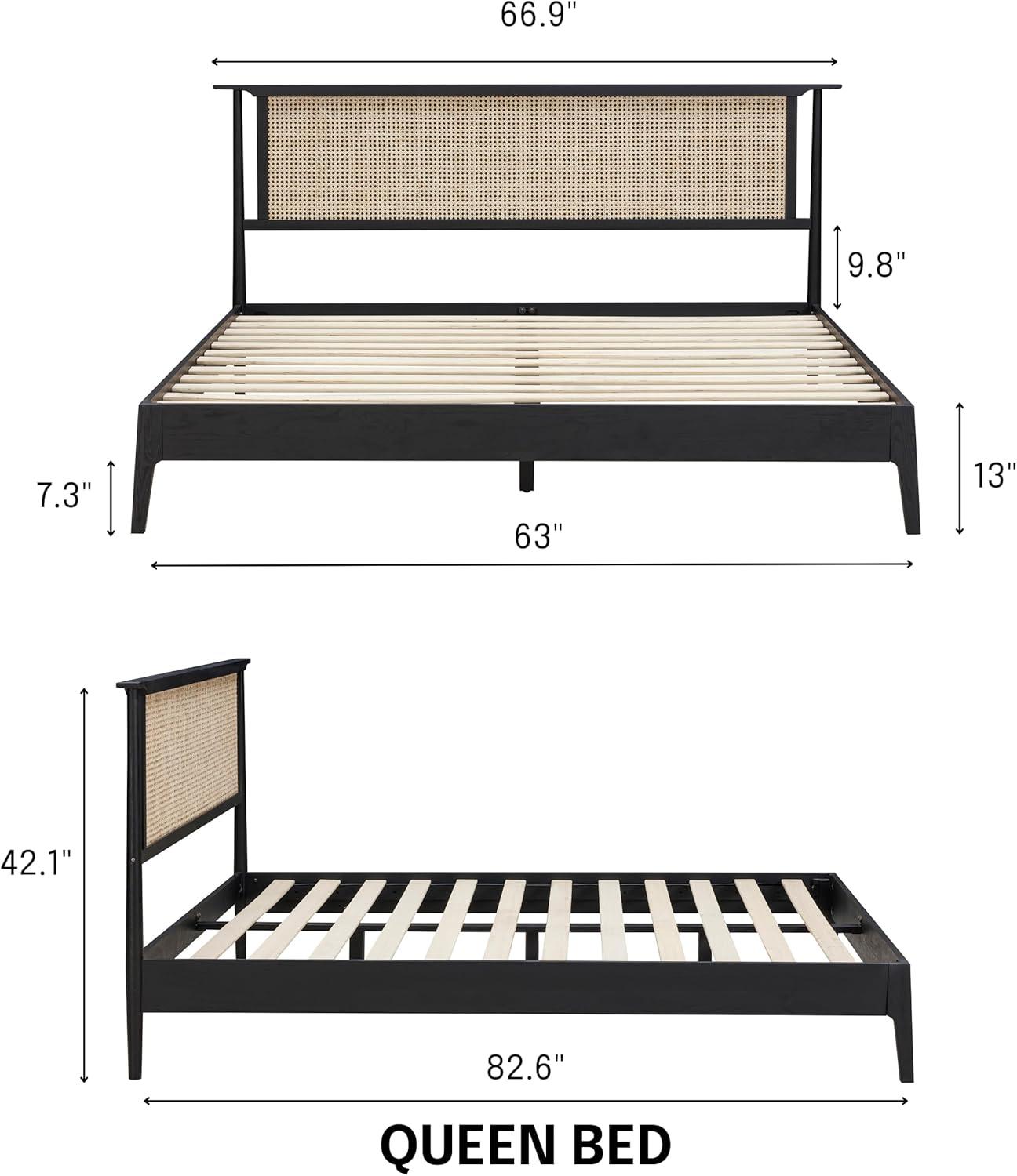 Ruby Wooden Bed Frame With Headboard And Natural Rattan, 1000 Lb Capacity