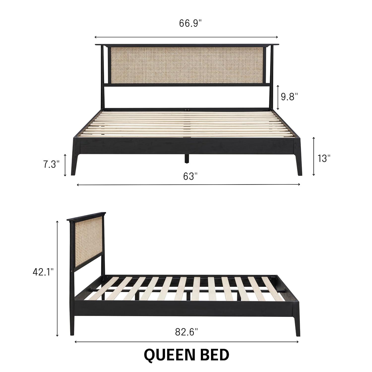 Ruby Wooden Bed Frame With Headboard And Natural Rattan, 1000 Lb Capacity