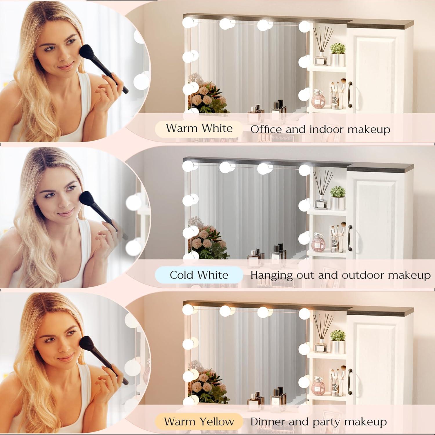 Hommpa Vanity Set with Mirror, Girls Makeup Vanity with  LED Lights, White Vanity Desk with Drawers, Vanity Table with Charging Station for Women Bedroom Storage