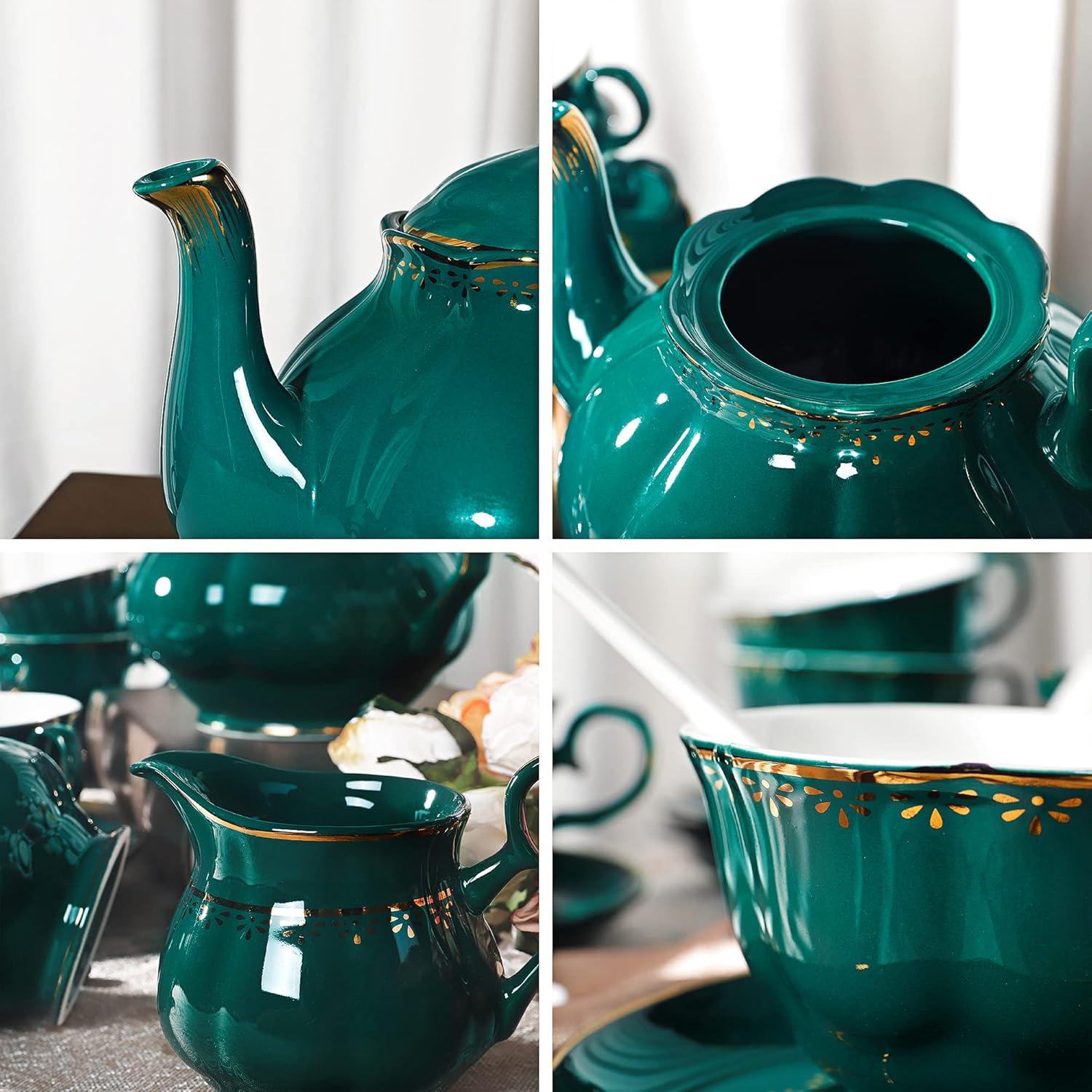 Rosdorf Park Malerba 21 Piece Vintage Porcelain Tea Set, Green With Gold Trim China Coffee Service For 6, Large Teapot, Tea Cup And Saucers Set, Christmas Gifts