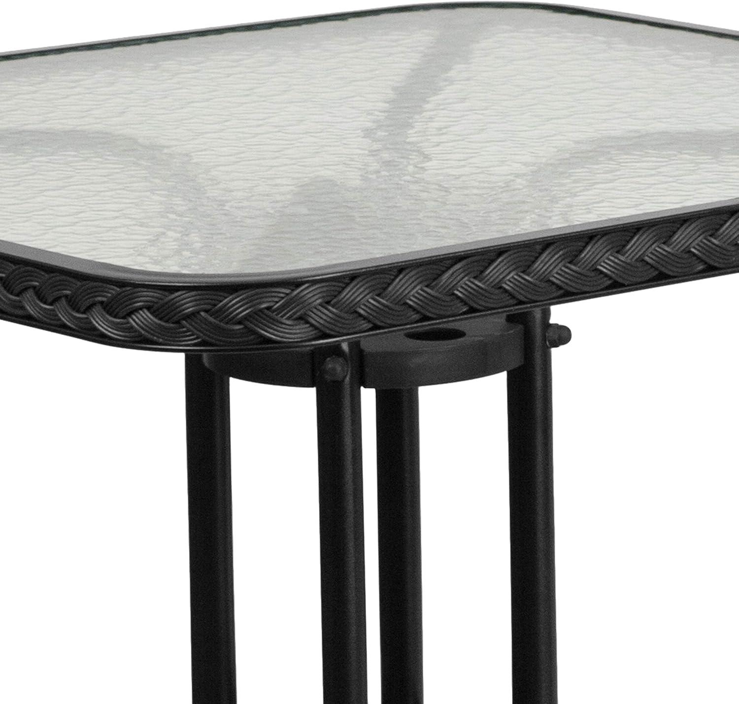 Emma and Oliver 28" Square Tempered Glass Metal Table with Rattan Edging