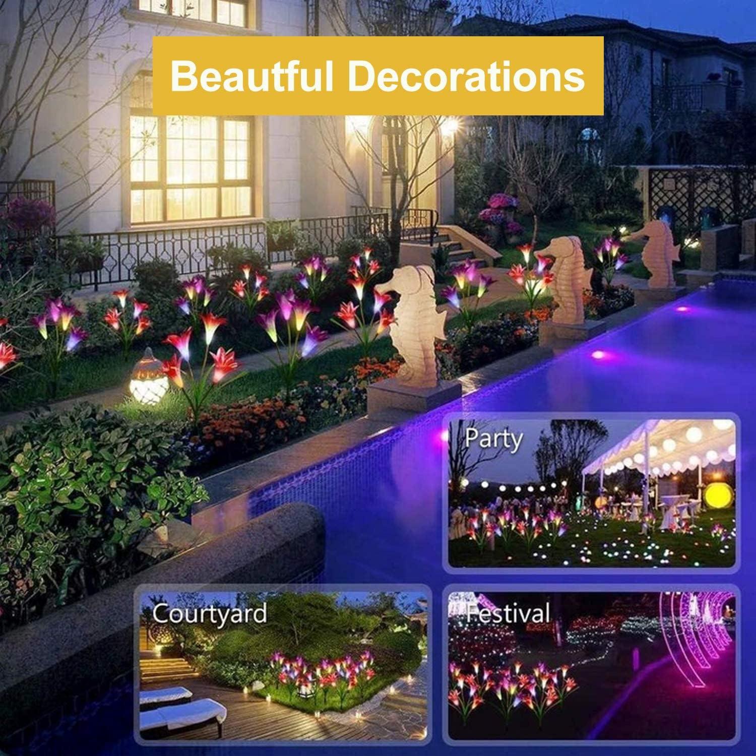 ANGMLN 4 Pack Solar Flowers Lights,16 Bigger Head Solar Lily Flowers, 7 Color Changing Pathway Lamps for Garden Patio Yard Party Wedding Holiday Outdoor Garden Stake Decoration(Purple2&White1&Pink1)