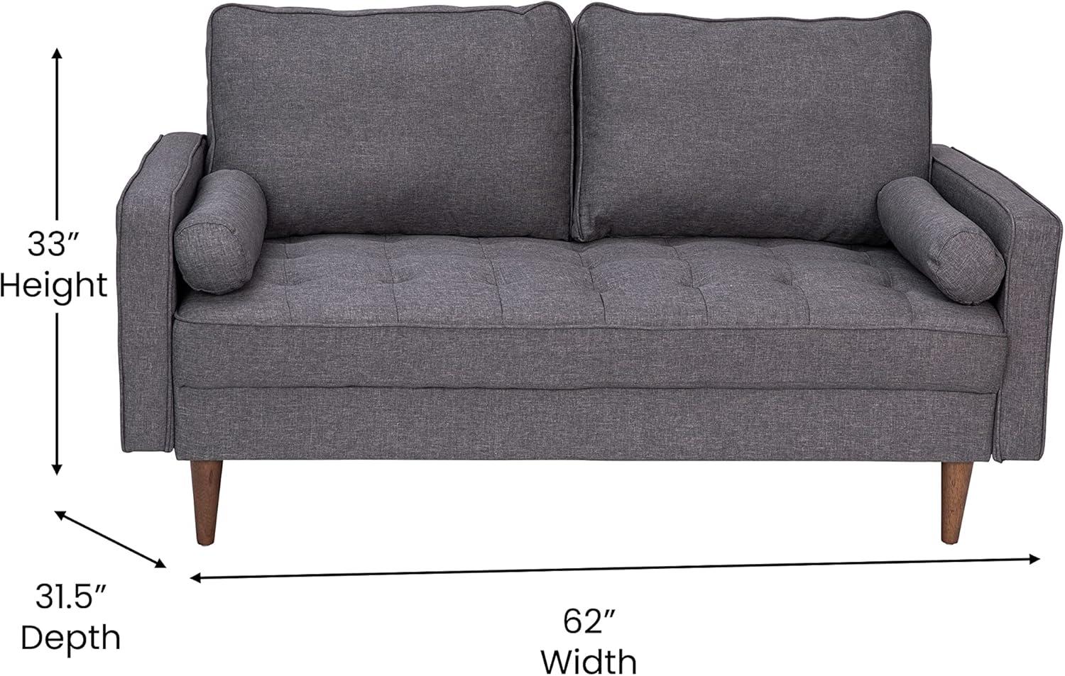 Flash Furniture Hudson Mid-Century Modern Loveseat Sofa with Tufted Faux Linen Upholstery & Solid Wood Legs in Dark Gray