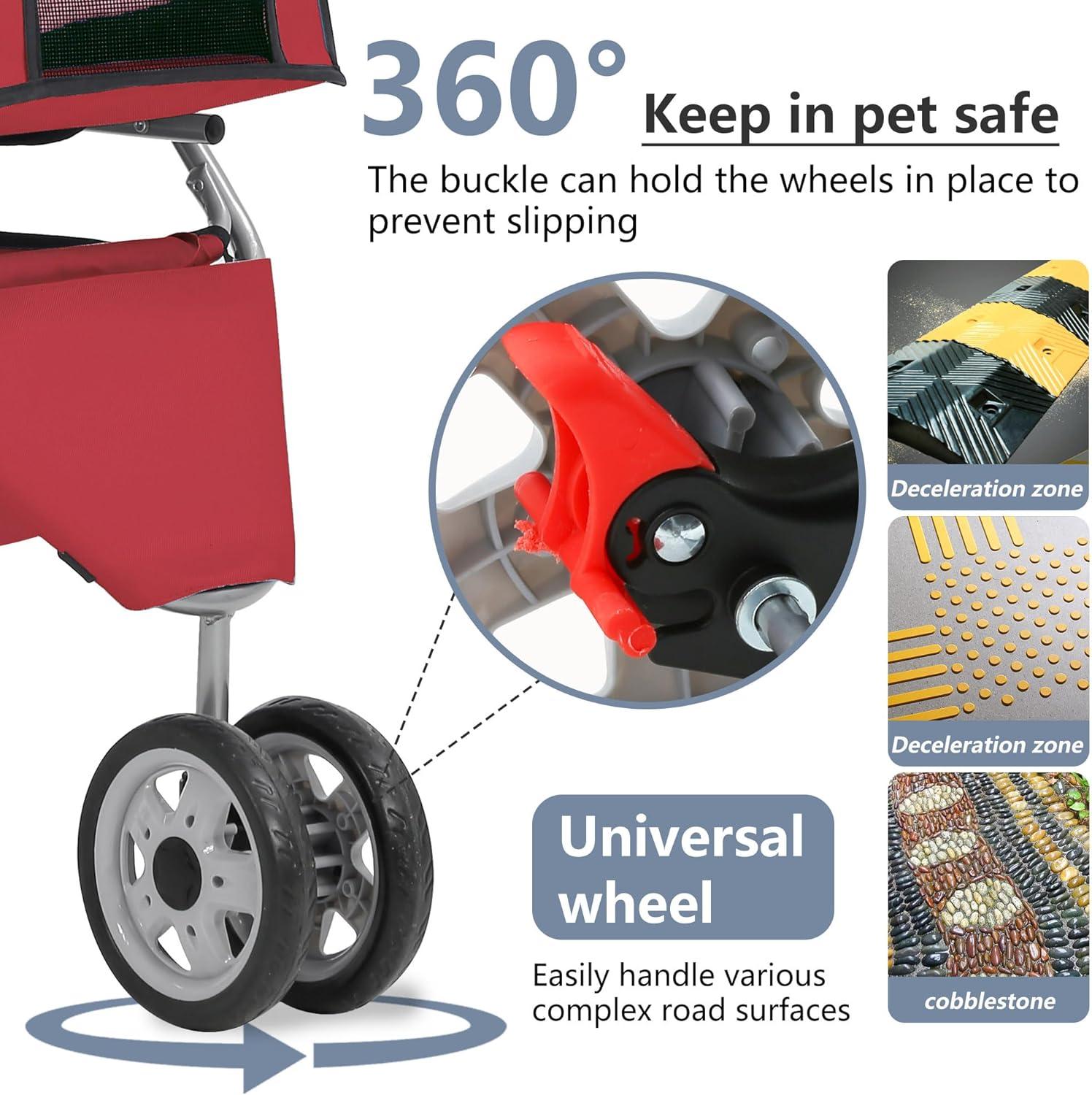 ToccoLeggero Pet Stroller Foldable Dog Stroller 3-Wheel Durable Cat Jogger Stroller For Small And Medium Dogs Cats With Washable Liner Storage Basket Cup Holder