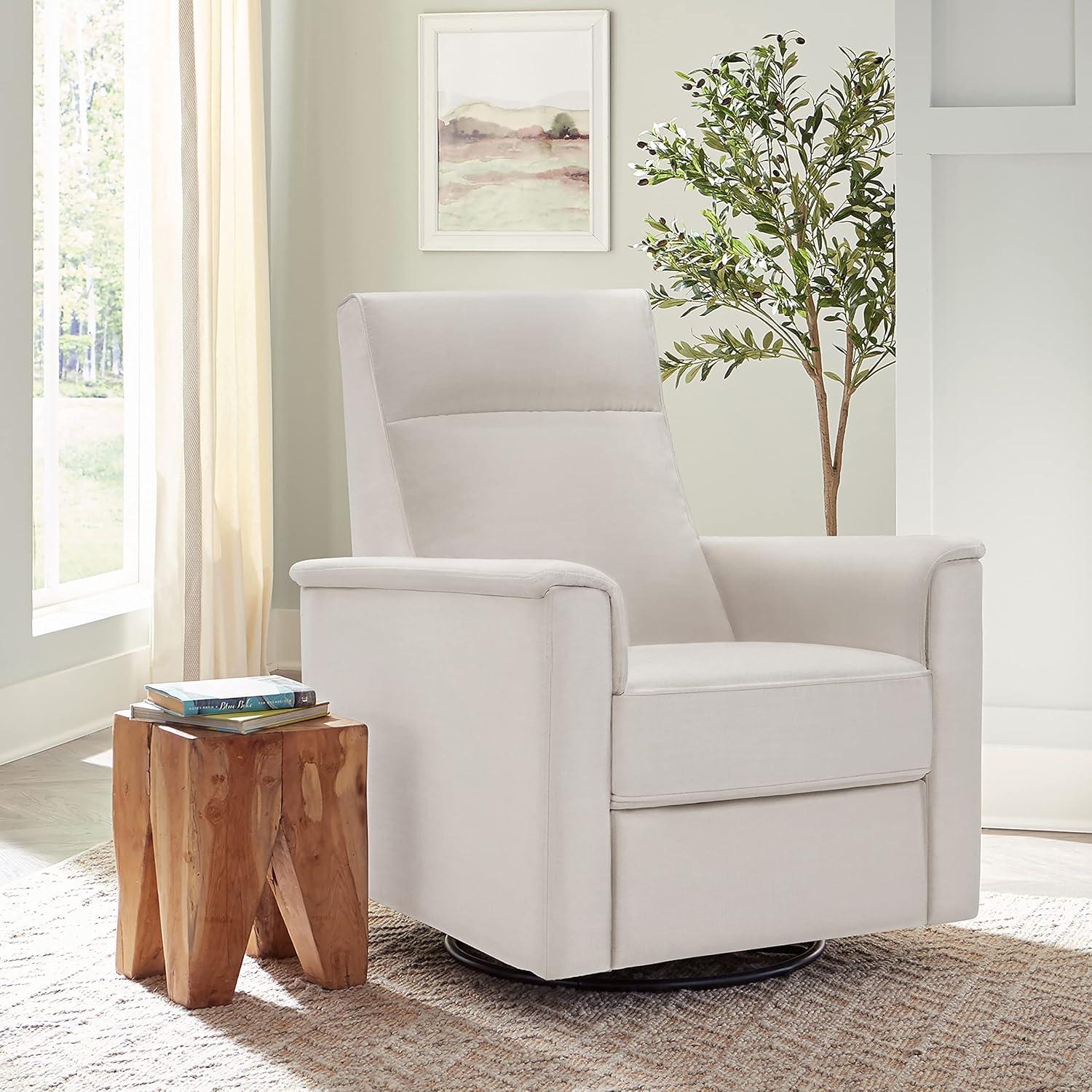 Cream Eco-Weave Swivel Recliner with Wood Frame