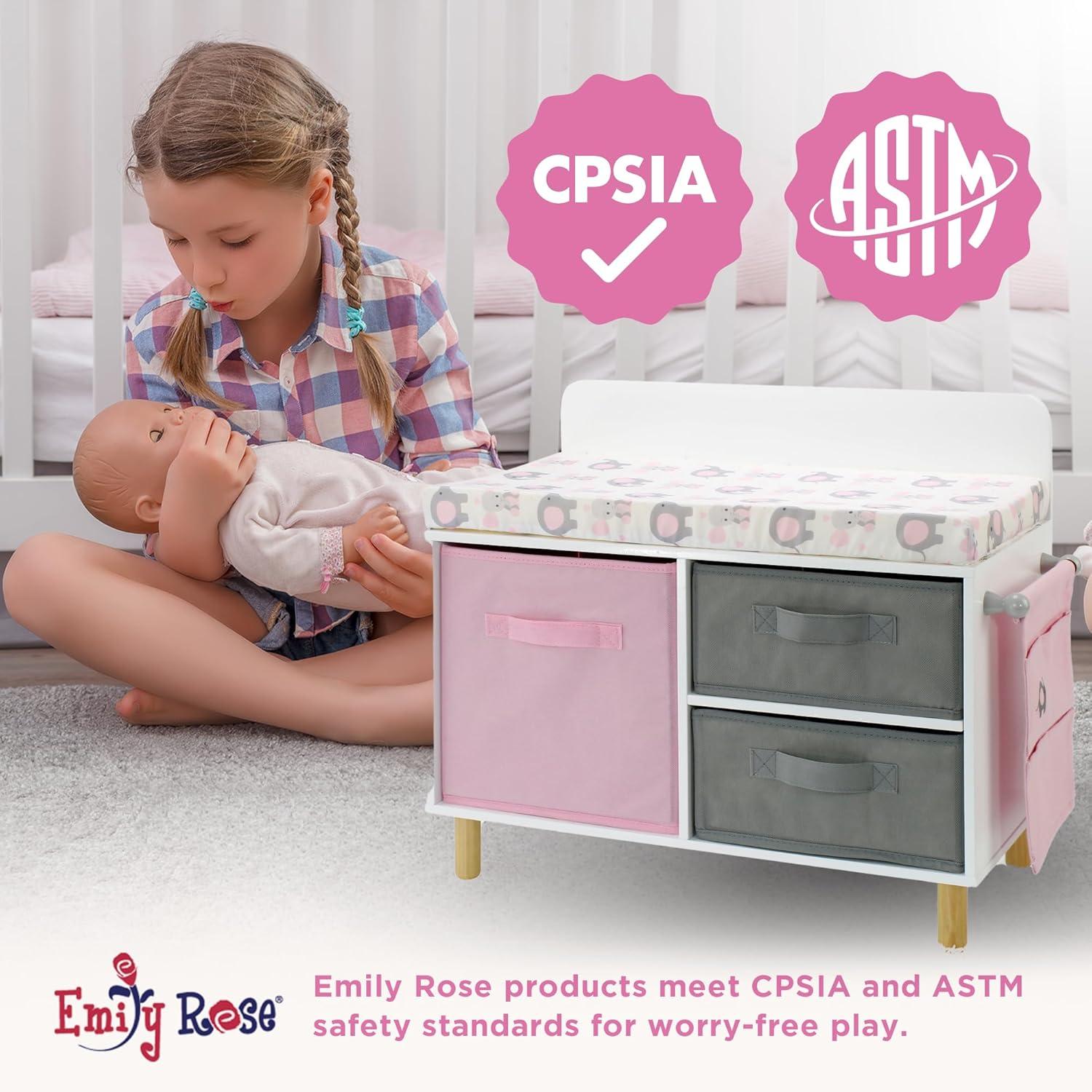 Emily Rose - Toy Baby Doll Crib Set for Little Girls, Changing Table Furniture with Clothes and Accessories Storage and Pockets, for 3+ Year Old Girls, Baby Doll Set and Accessories - White/Pink/Gray