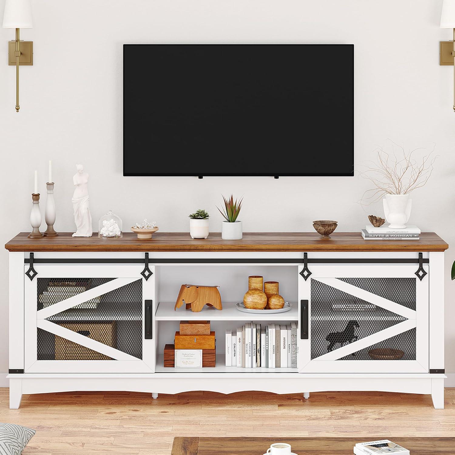 Farmhouse TV Stand with Sliding Barn Doors, TV Cabinet with Storage Shelf, Entertainment Center for 65" TV