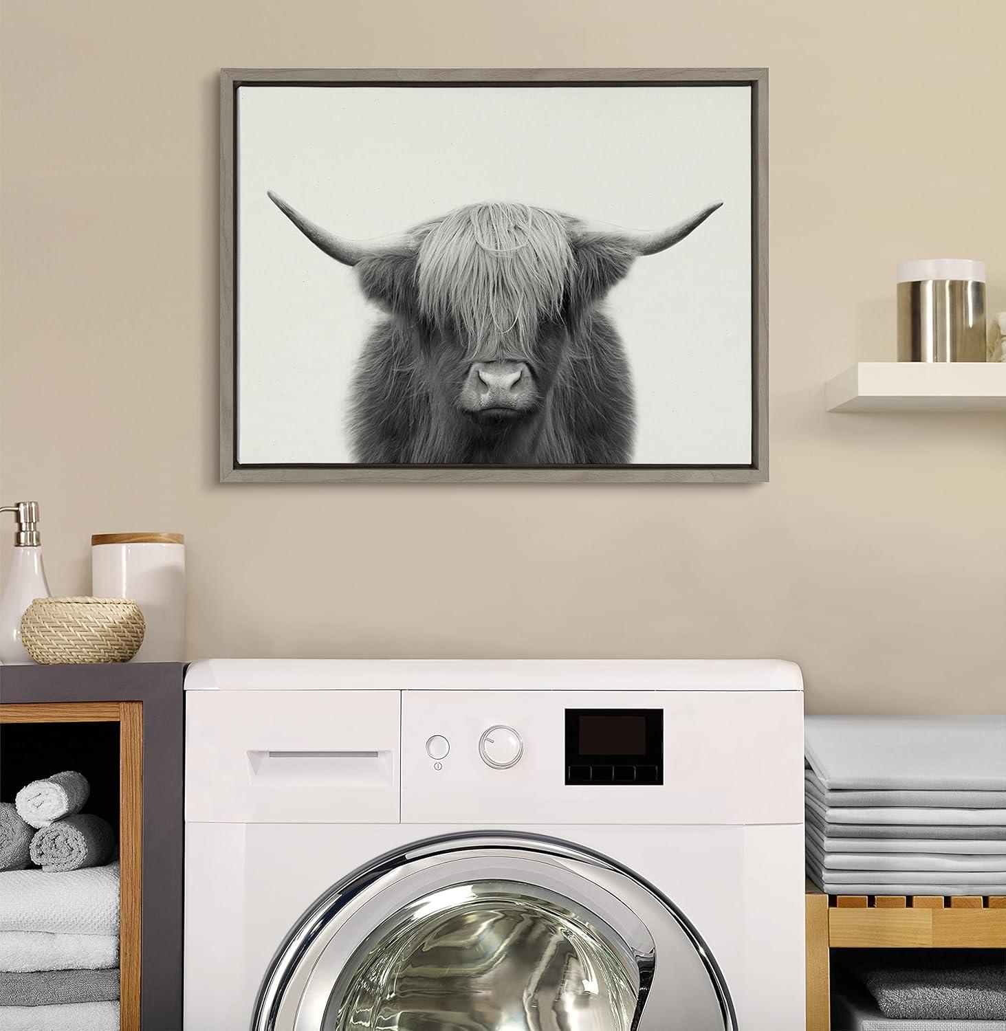 Kate and Laurel Sylvie Hey Dude Highland Cow Framed Linen Canvas by The Creative Bunch Studio, 18x24, Gray