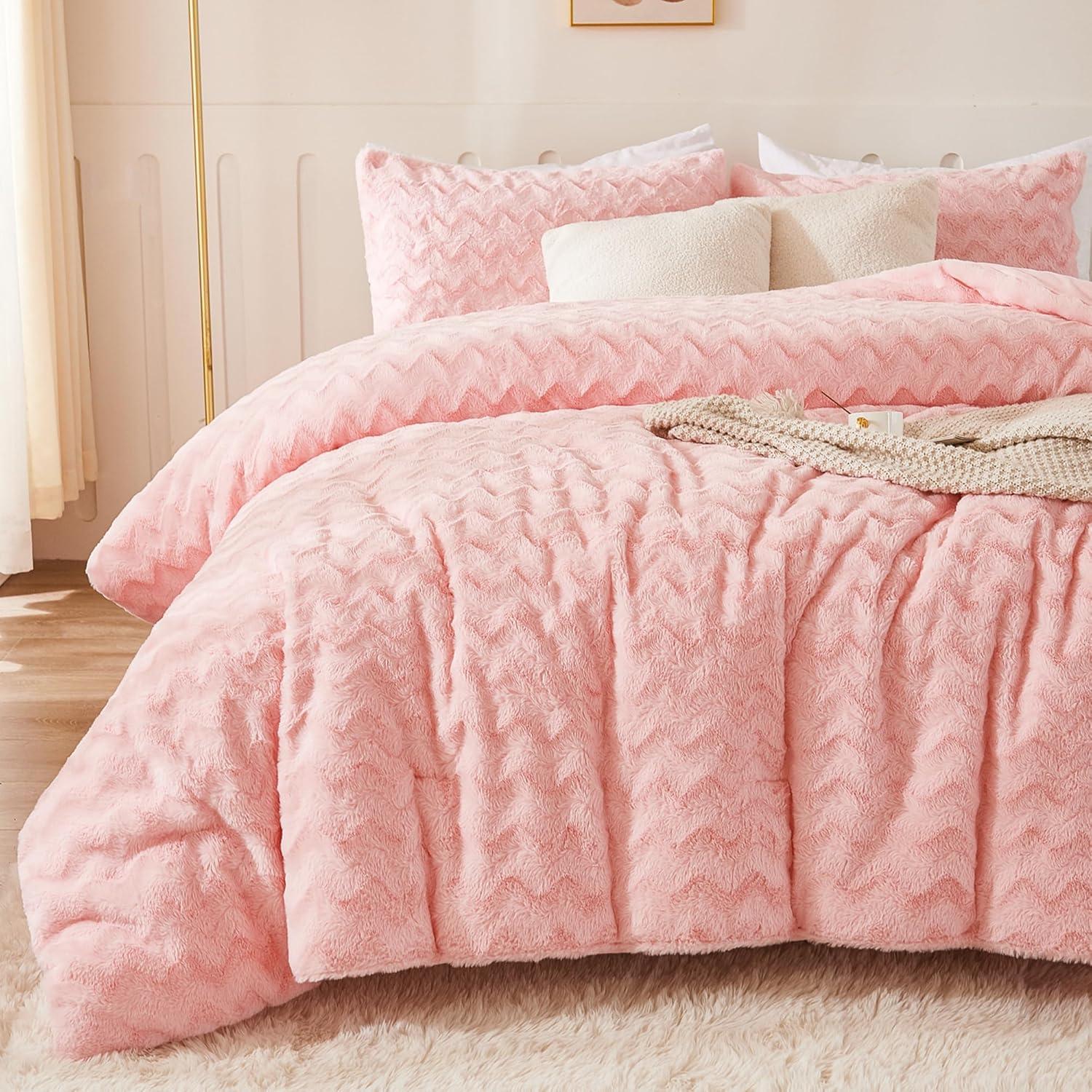 Andency Pink Faux Fur Comforter Set Full, 3 Pieces Fleece Fuzzy Shaggy Plush Sherpa Bedding Set for Women Girls, Fluffy Soft Warm Bed Set for Winter