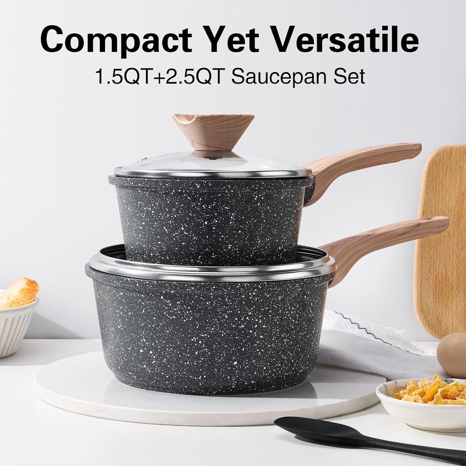 Sauce Pan Set With Lid, Non Stick Small Pot With Granite Coating, Saucepan With Pour Spout, Multipurpose Handy Induction Pot, Cooking Pot, PFOA/PFOS Free