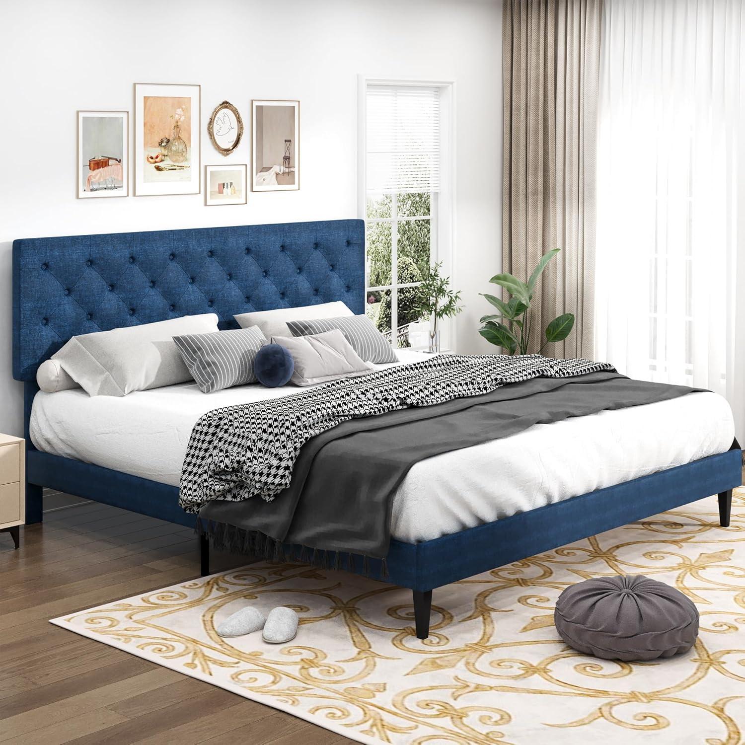 King Size Bed Frame, Upholstered Platform Bed Frame King with Button Tufted Headboard, Wooden Slats Support, No Box Spring Required, Easy Assembly, Navy Blue