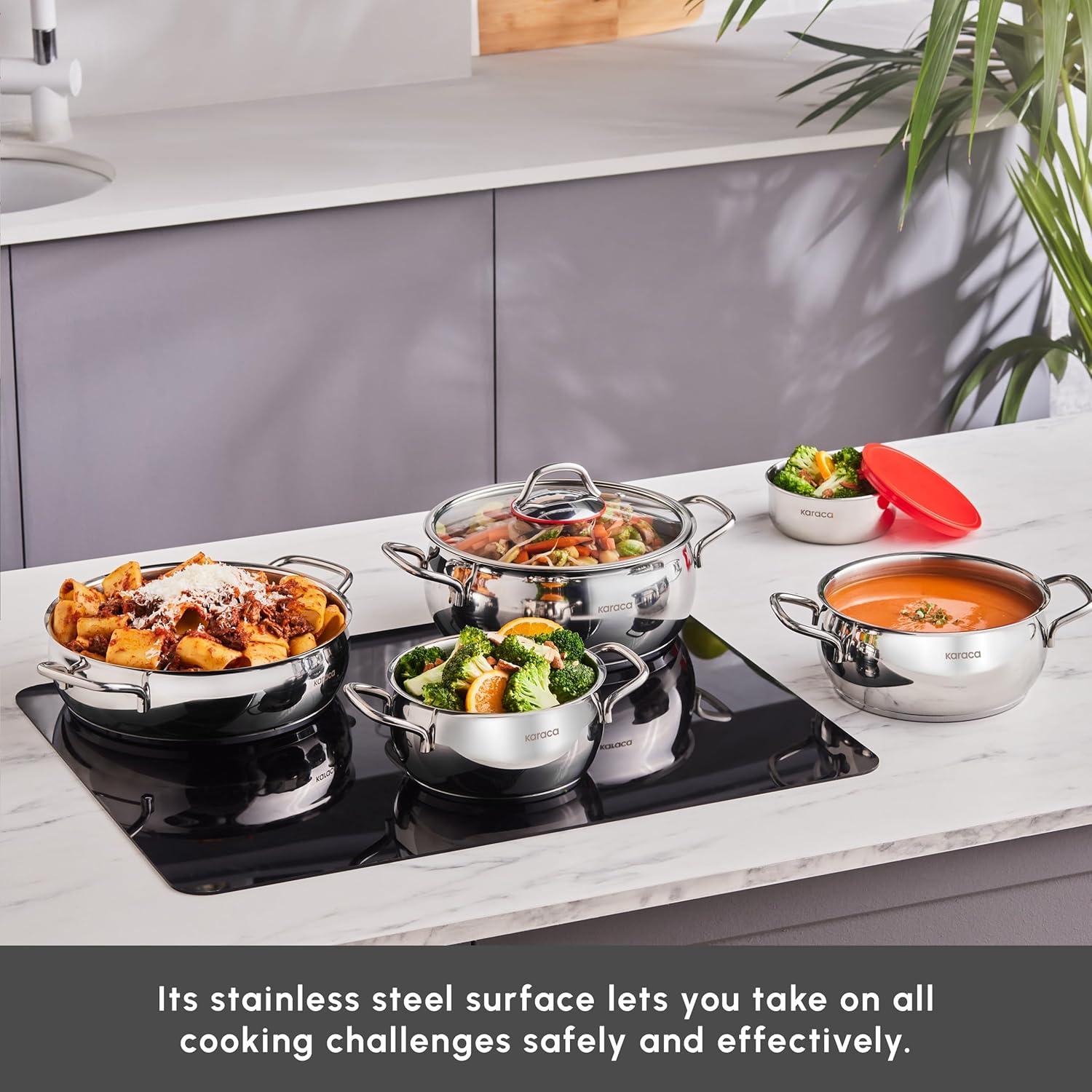 KARACA Stainless Steel Cookware Emirgan XL Set of 10 Piece, Pot, Deep Pot, Casserole, Container with Lid, Easy to Use Stylish Handles, Heat Resistant Cover, Essential Kitchen Accessory