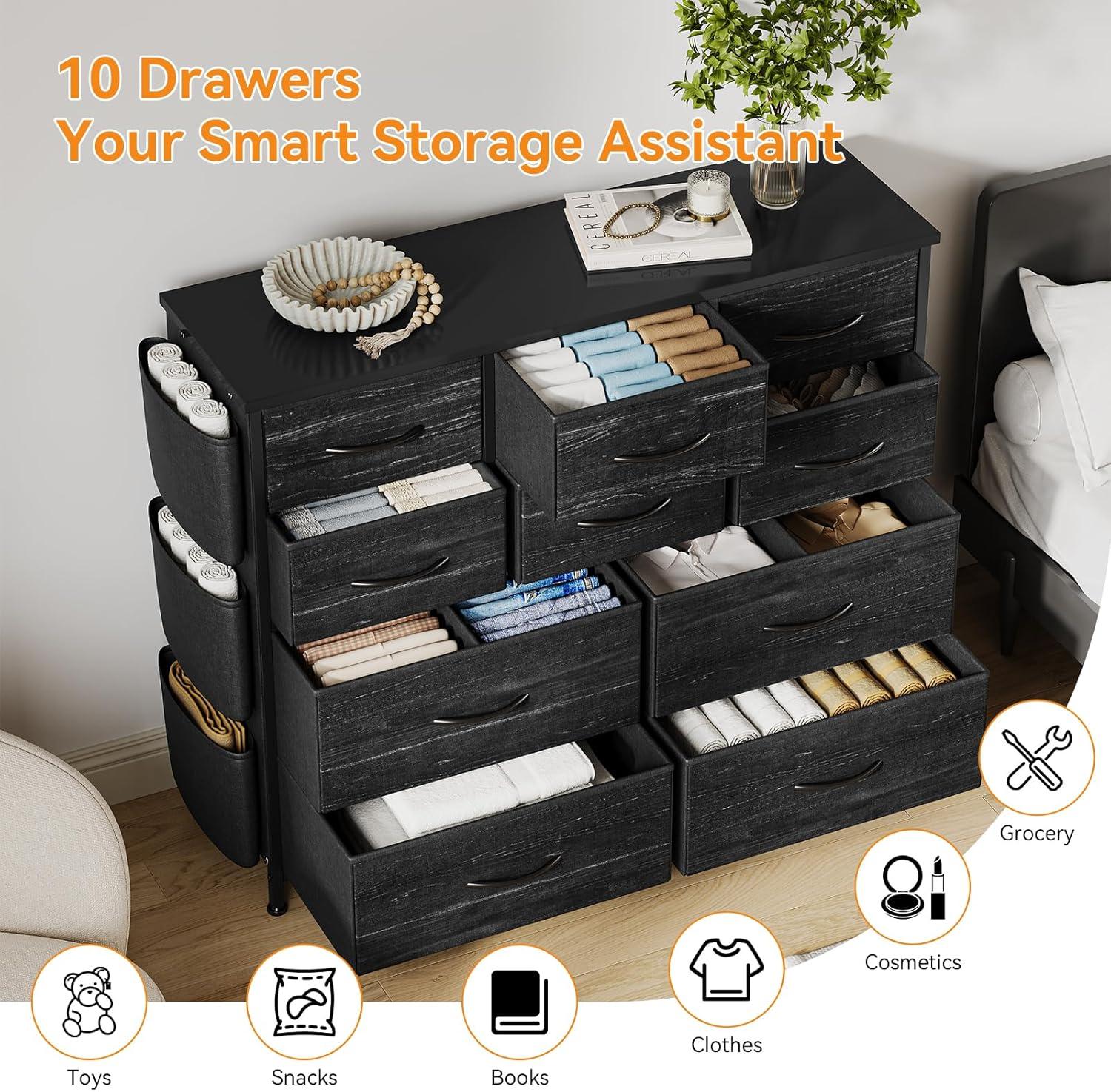 Dresser for Bedroom with 10 Drawers, Dressers & Chest of Drawers, Long Fabric Storage Drawer with Wood Tabletop for Kids Room, Closet, Hallway, Entryway (Graphite Gray)