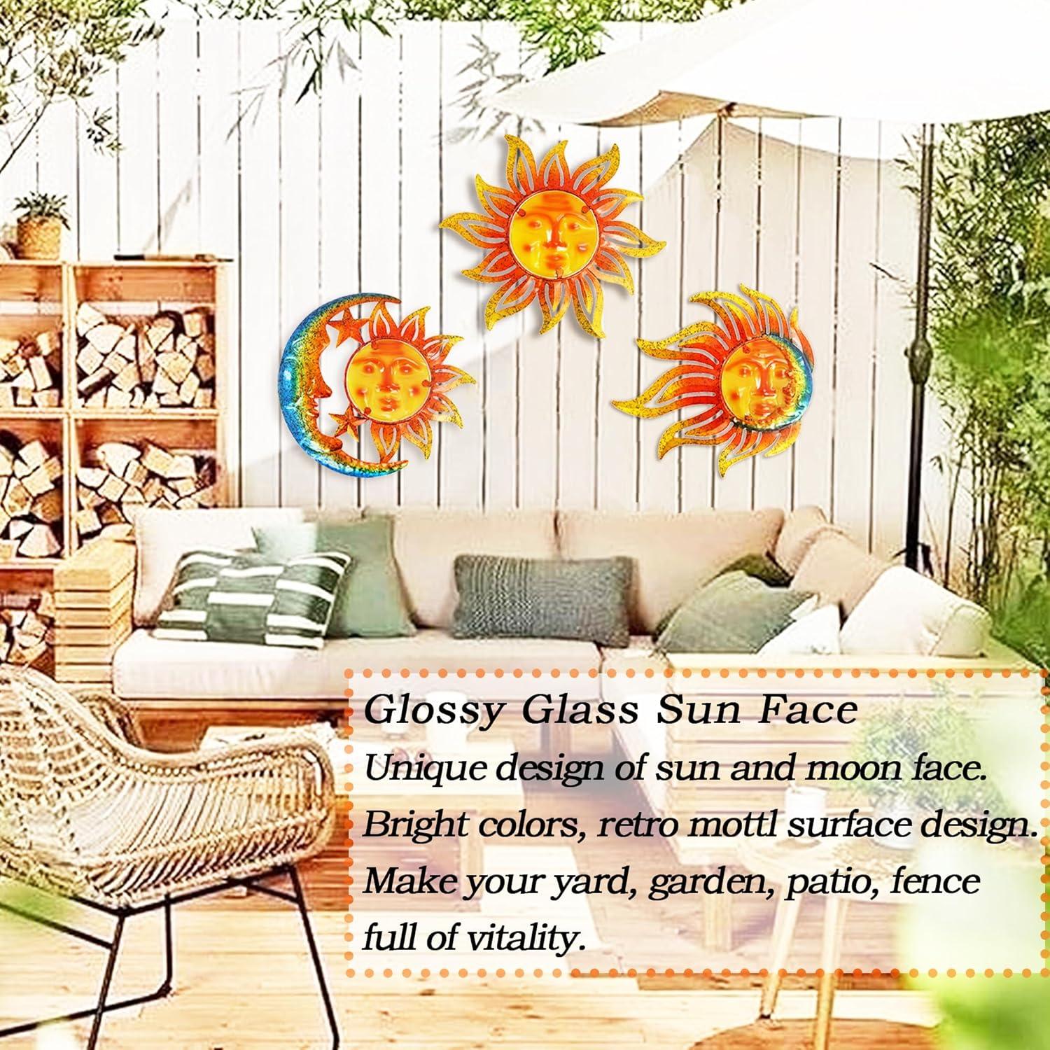 BVLFOOK Sun Face Metal Wall Art Decor Outdoor Indoor, Sun Moon Star, Metal & Glass Hanging Wall Patio Decorations for Outdoor Living Room Bedroom Garden Porch Fence Balcony, Set of 3, 9 inch Large