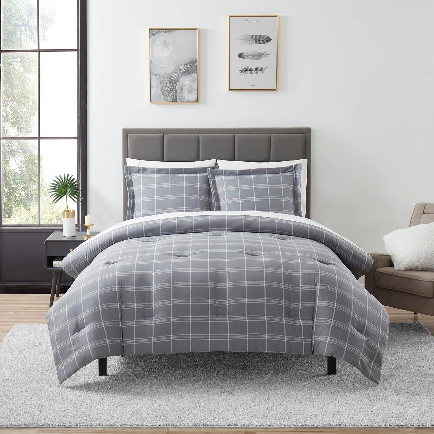 Twin Gray Plaid Down Alternative Microfiber Bed in a Bag Set