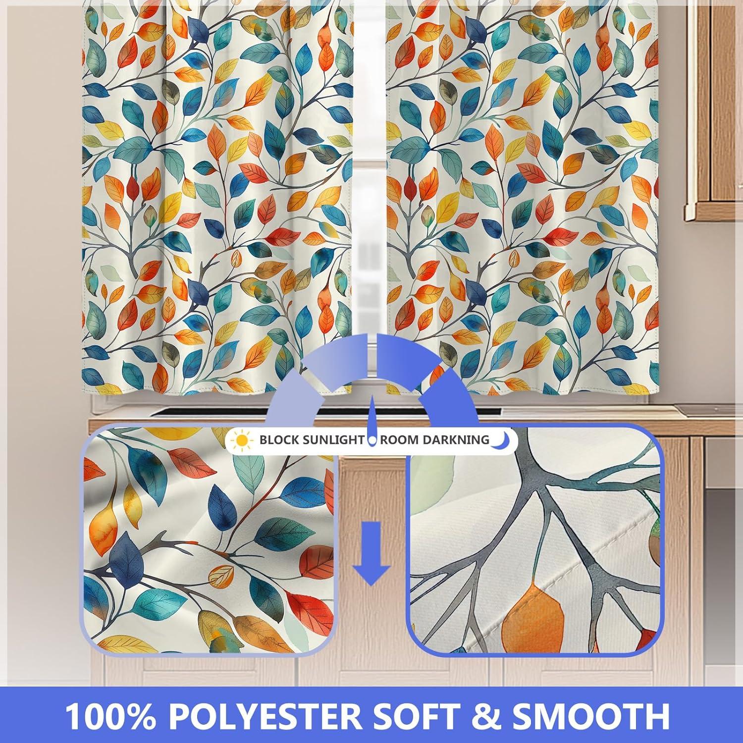 Aimego Colorful Leaves Kitchen Curtains - Floral Spring Botanical Tier Cafe Curtains Farmhouse Country Small Window for Bathroom Living RV Rod Pocket Window Drapes 36 Inch 2 Panels Set 28 "x36