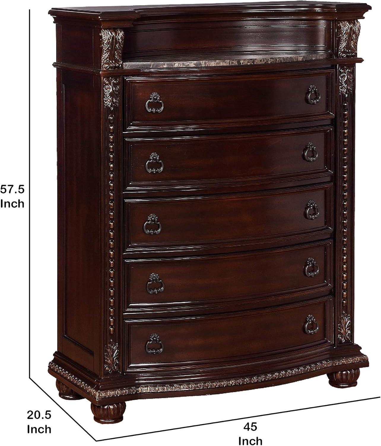 5 Drawers Wooden Chest with Engraved Details and Bun Feet, Cherry Brown