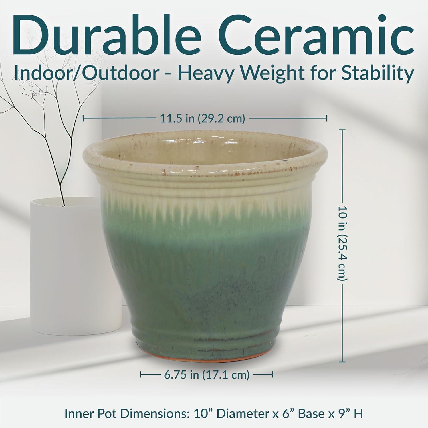 Sunnydaze Studio Outdoor/Indoor High-Fired Glazed UV- and Frost-Resistant Ceramic Planters with Drainage Holes - 11" Diameter - Seafoam - 2-Pack