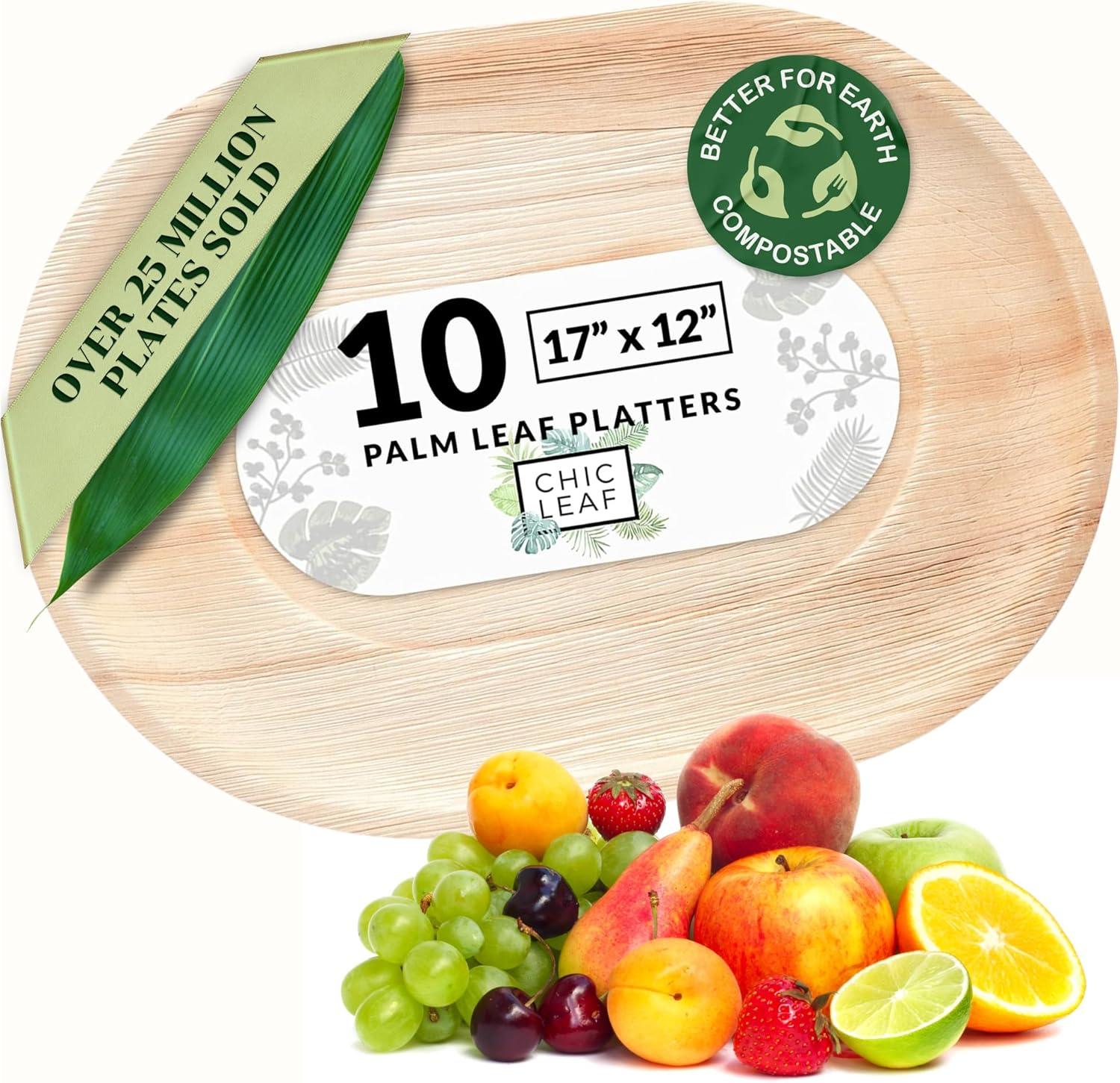 Chic Leaf Disposable Palm Leaf Trays, 17" x 12", 10 Pack, Compostable, Eco-Friendly Platters Charcuterie Board