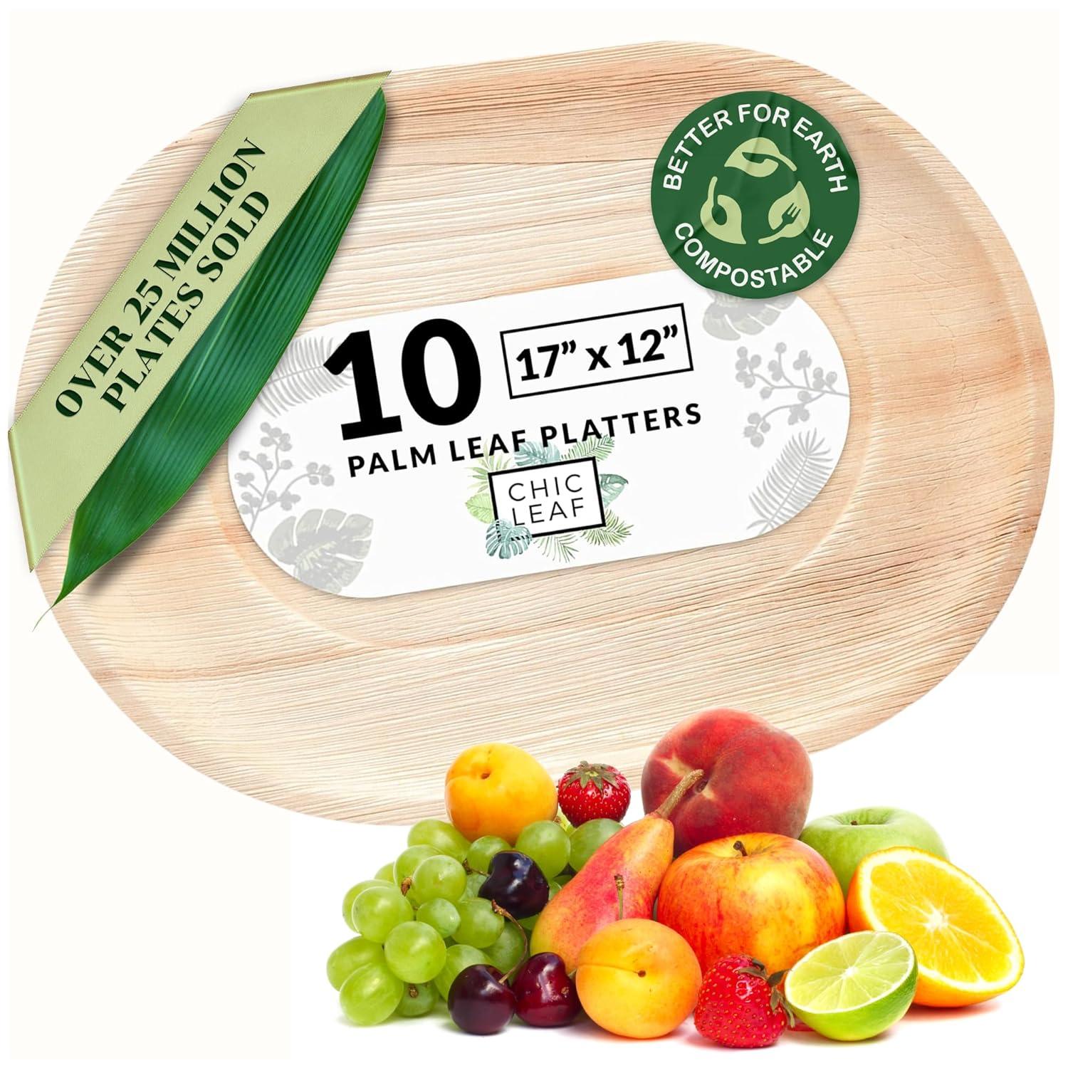 Chic Leaf Disposable Palm Leaf Trays, 17" x 12", 10 Pack, Compostable, Eco-Friendly Platters Charcuterie Board