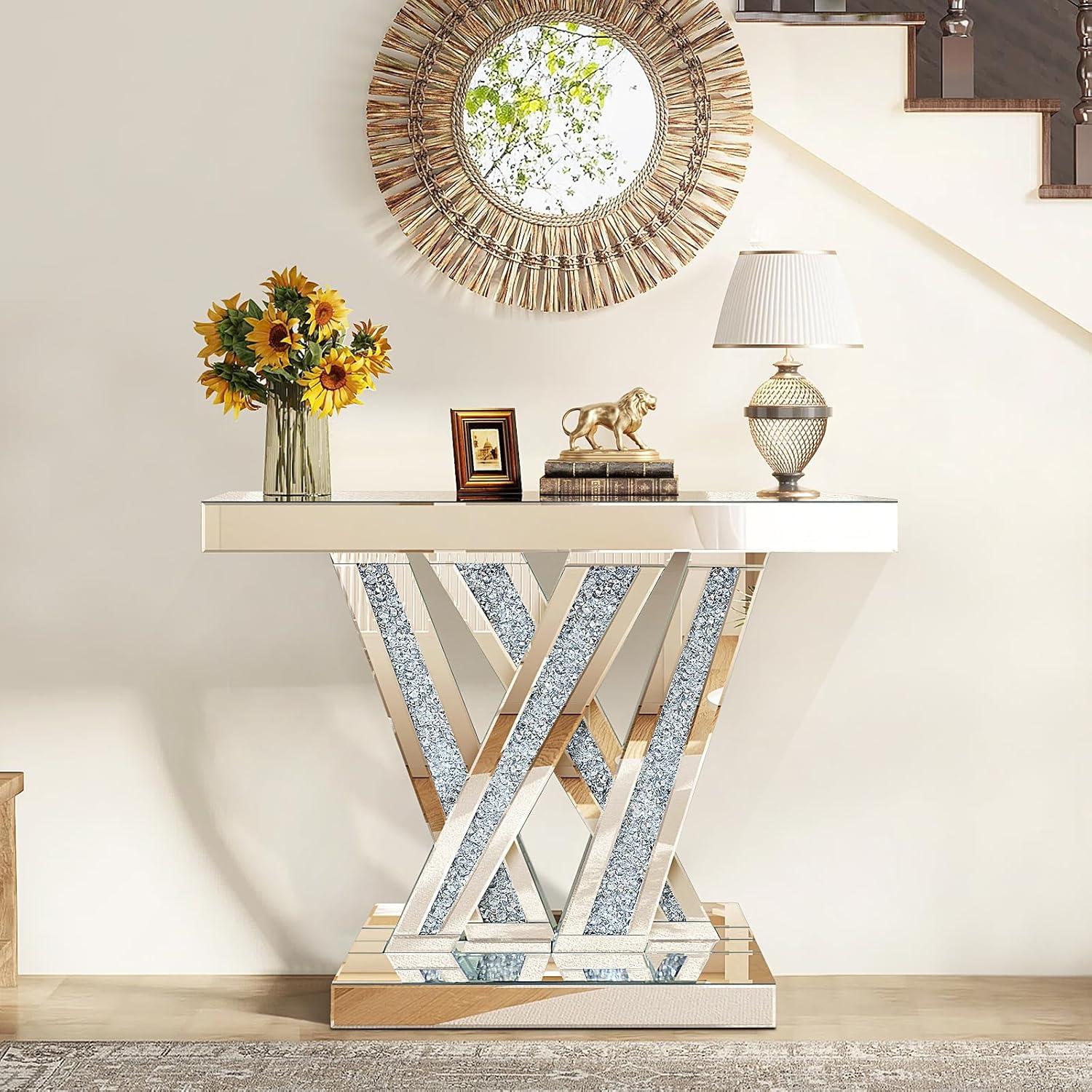 Modern Entryway Console Table With Crushed Diamond Inlay, 35" Silver Mirrored Glass Hallway Table For Entryway, Glam Decorative Sofa Tables For Living Room