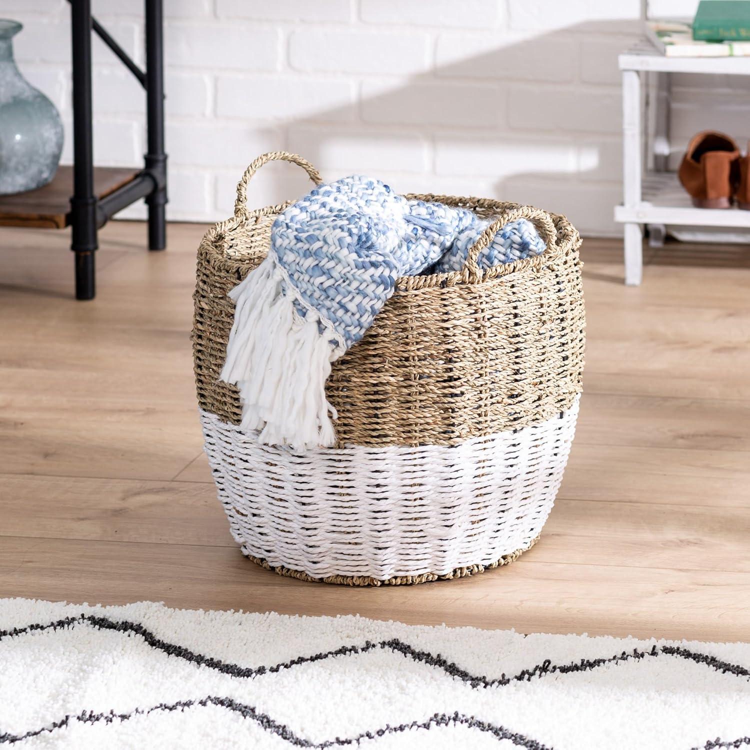 Honey-Can-Do Seagrass Round Storage Basket with Handles, Natural/White