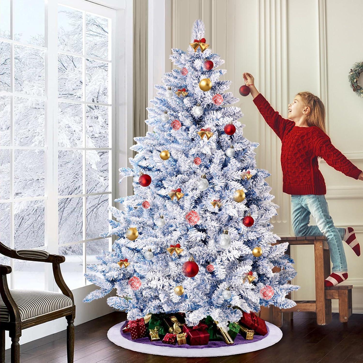 6 FT Blue Snow Flocked Artificial Christmas Tree with Metal Stand