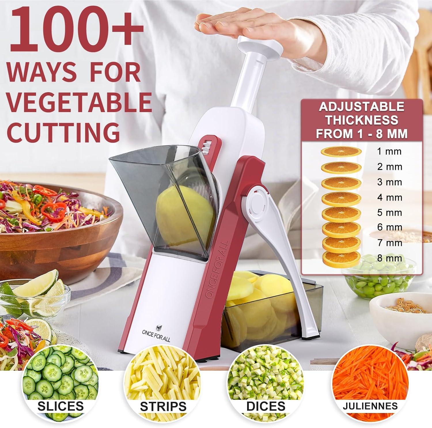 ONCE FOR ALL Safe Mandoline Slicer 5 in 1 Vegetable Cutter, Strips Julienne Dicer Adjustable Thickness 0.1-8 mm for Kitench Fast Meal Prep (Red)