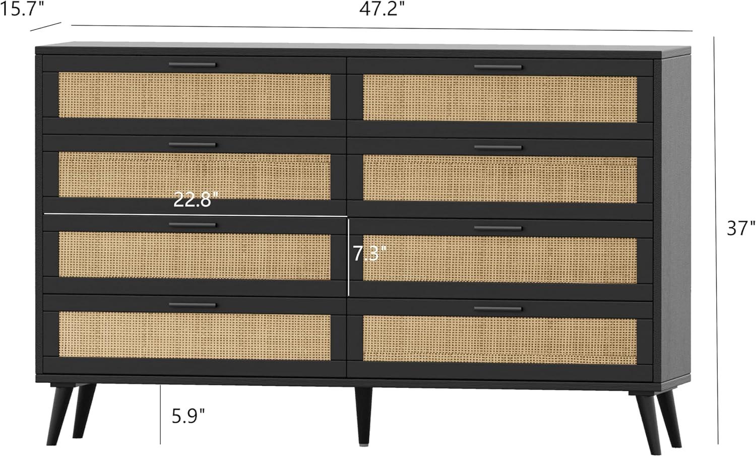 Faitaliicy 8 Drawer Double Dresser For Bedroom Wood Rattan Dresser Chest Of Drawers Modern Beside Table Wide Storage Cabinet For Closet Bedroom Living Room Entryway