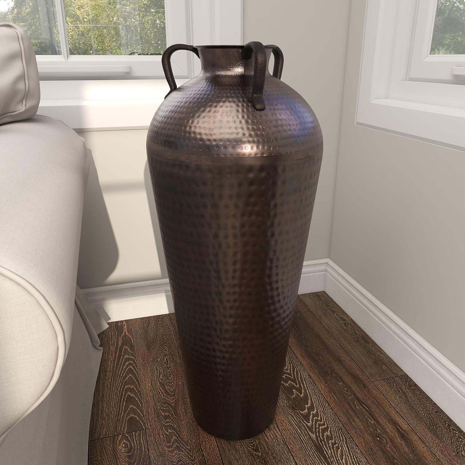 DecMode 32" Tall Floor Mediterranean Style Brown Metal Vase with Hammered Details and Handles