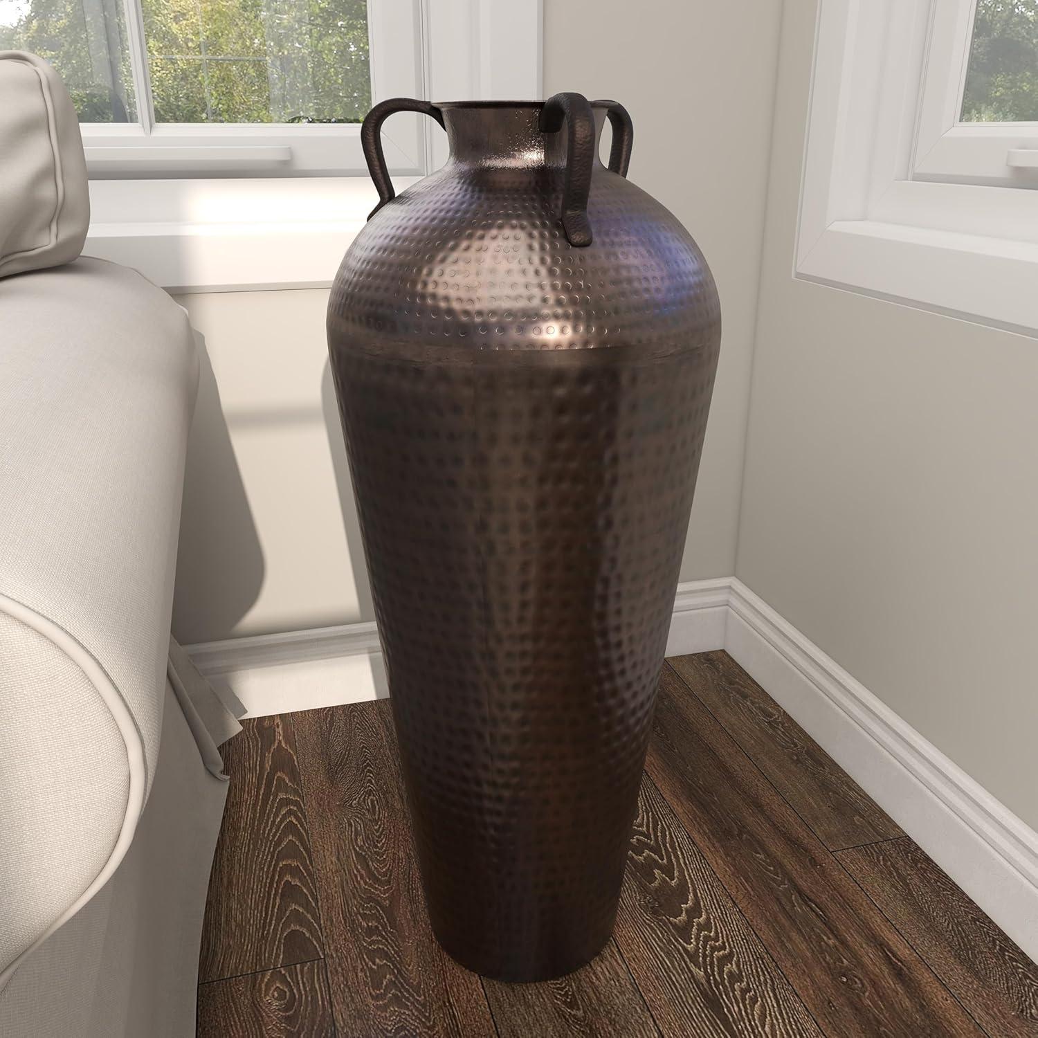 DecMode 28" Tall Floor Mediterranean Style Brown Metal Vase with Hammered Details and Handles