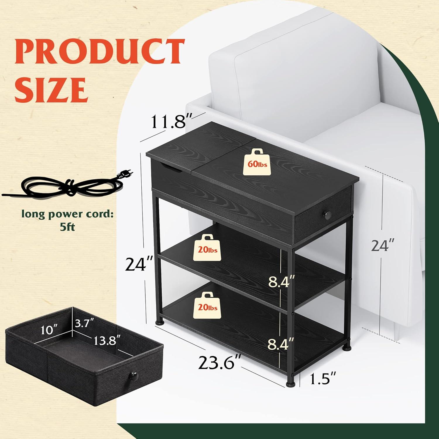 Narrow Side Table with 2 USB Ports and 2 Outlets, Flip Top End Table with Drawer and Storage Shelves, End Stand with Charging Station for Living Room, Bedroom, Small Spaces,Black