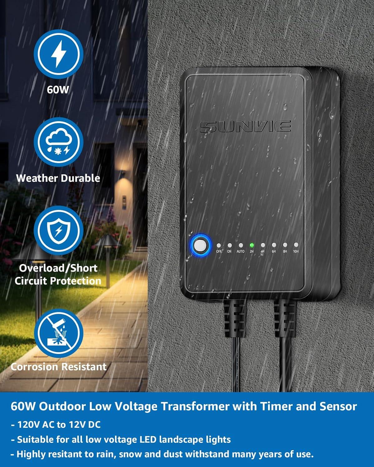 SUNVIE 60W Low Voltage Landscape Transformer with Timer and Photocell Sensor, 120V AC to 12V DC Landscape Lighting Transformer Weatherproof Low Voltage Transformer for Landscape Lights Pathway Lights