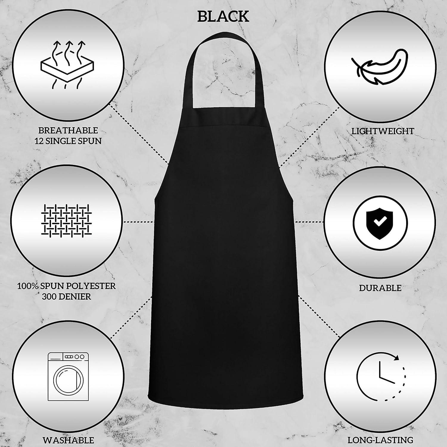 GREEN LIFESTYLE 2 Pack Bib Apron - Unisex Black Aprons, Machine Washable Aprons for Men and Women, Kitchen Cooking BBQ Aprons Bulk (Pack of 2, with Pockets, Black)