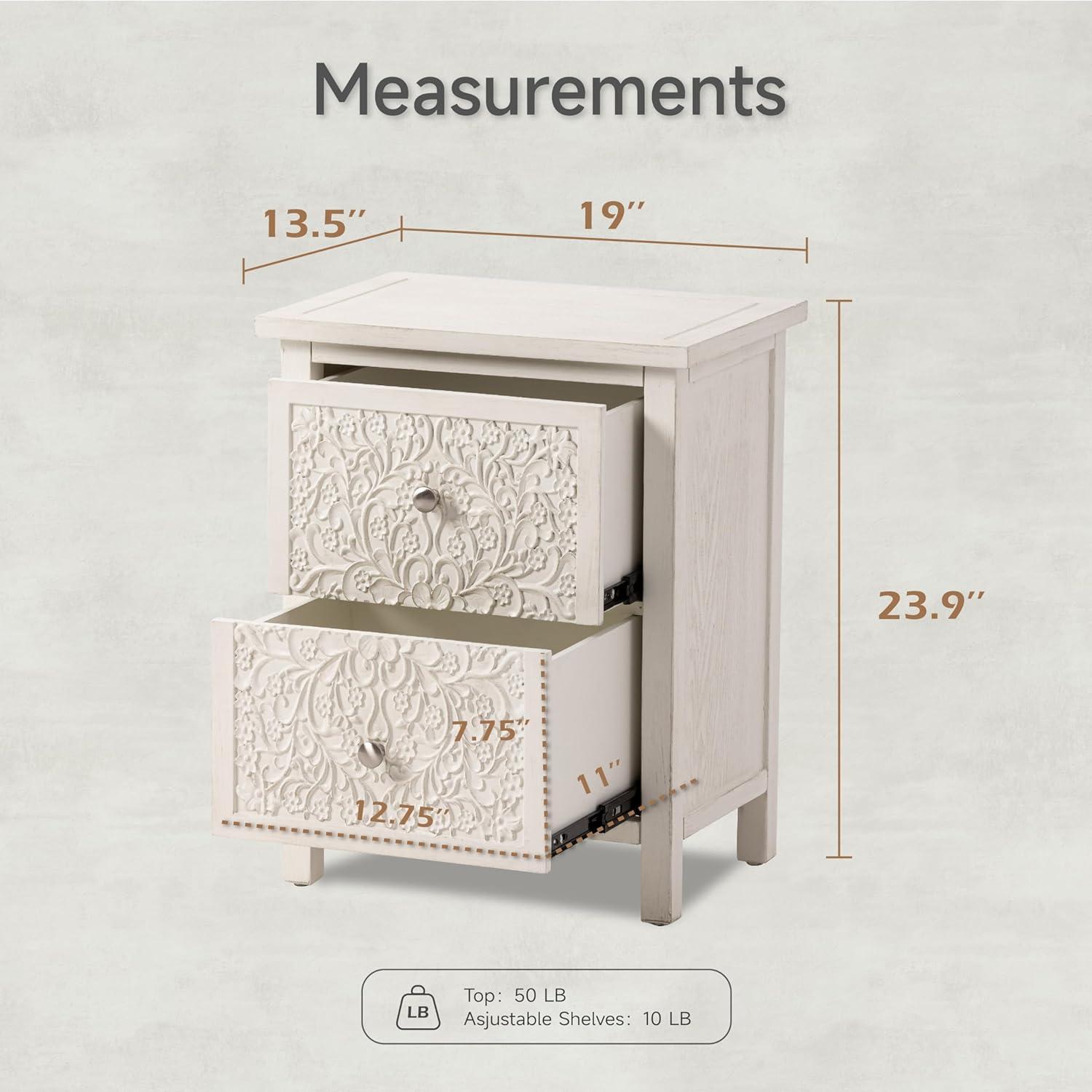 COZAYH Farmhouse Fully-Assembled Nightstand with 2-Drawer, Flower Motif End Table for Small Spaces, French Country, Modern, Distressed Finish, White-Washed