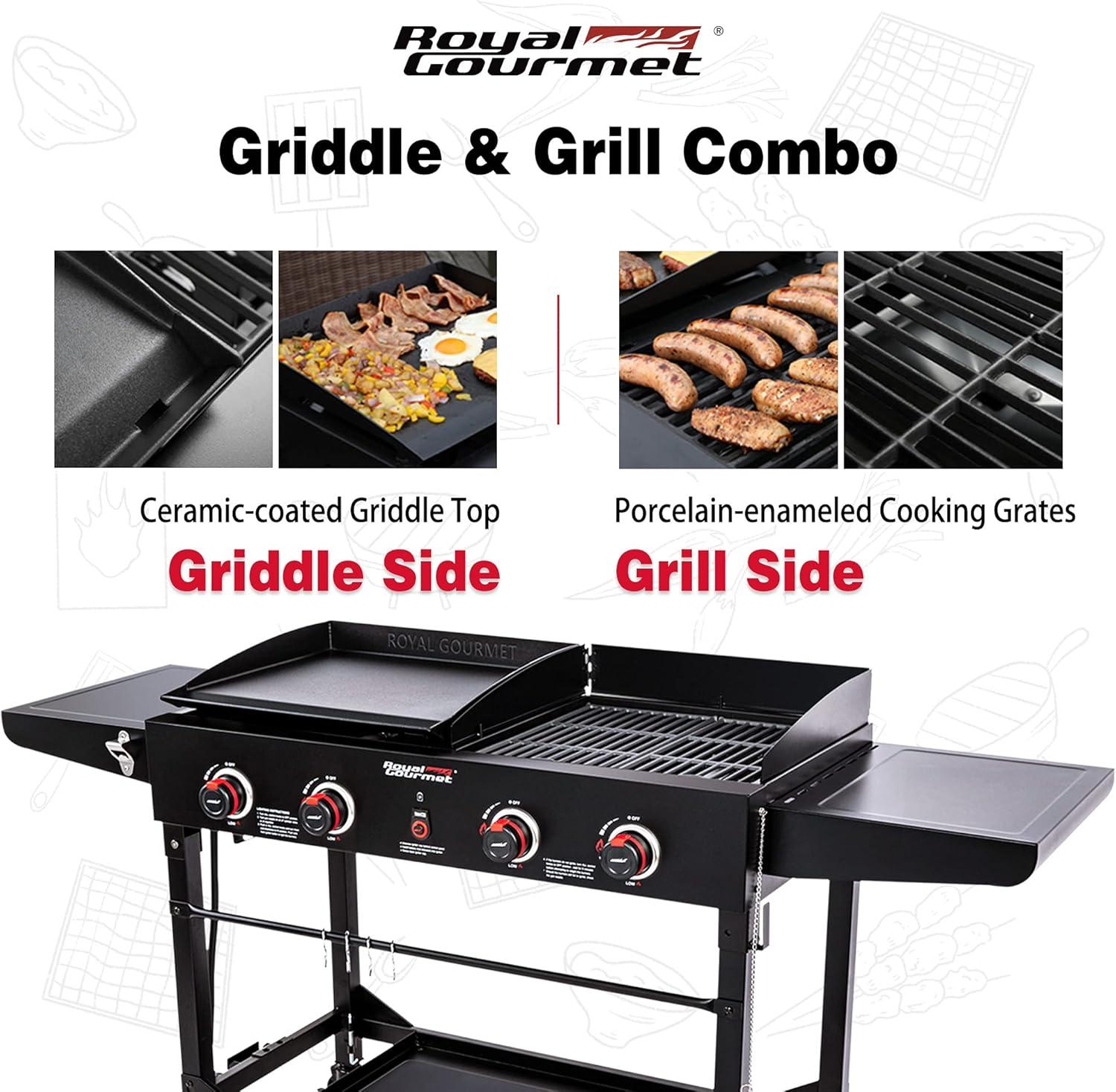 Royal Gourmet 4-Burner GD402 Portable Flat Top Gas Grill and Griddle Combo with Folding Legs, 48,000 BTU, Black