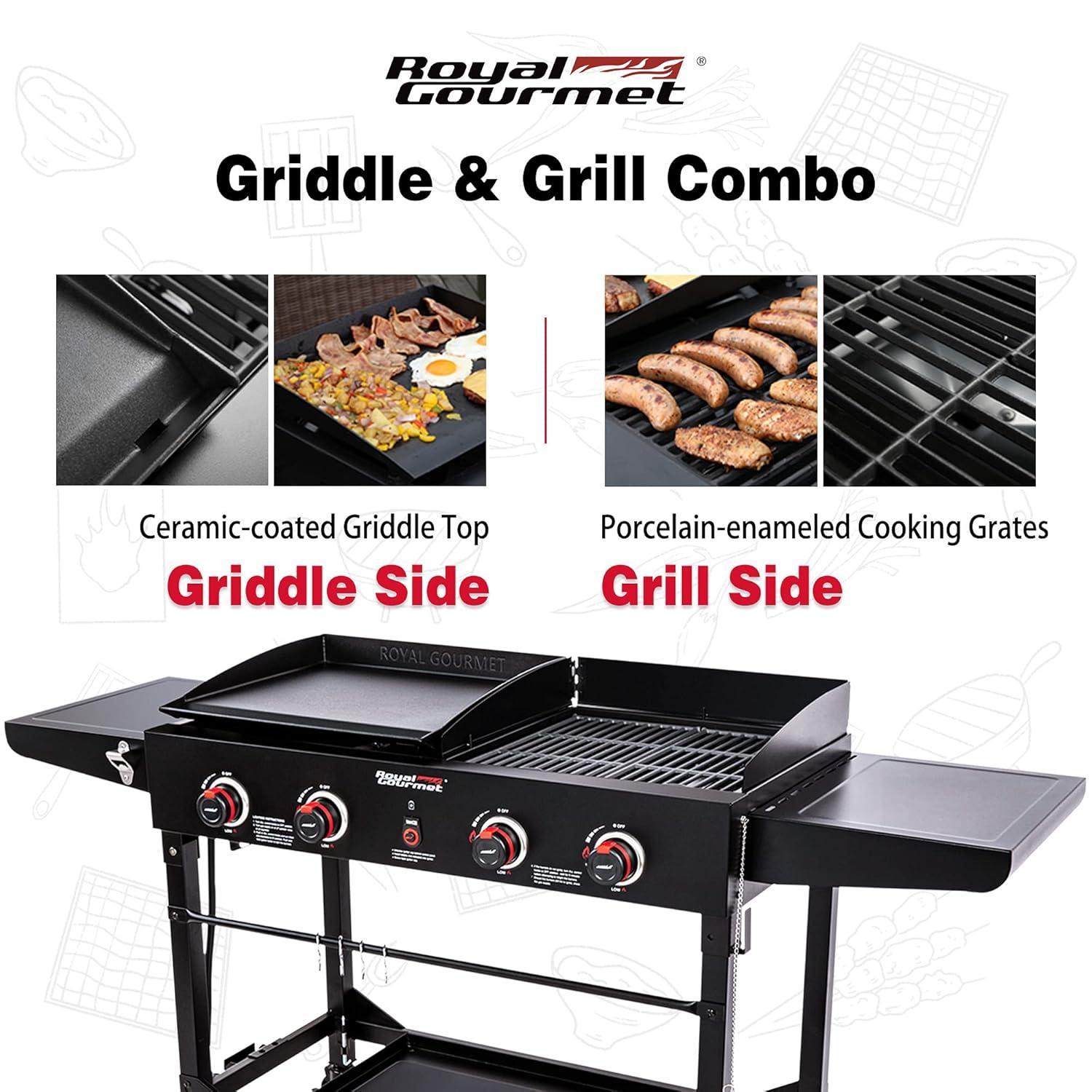 Royal Gourmet 4 - Burner Flat Top Liquid Propane 48000 BTU Gas Grill with Side Tables