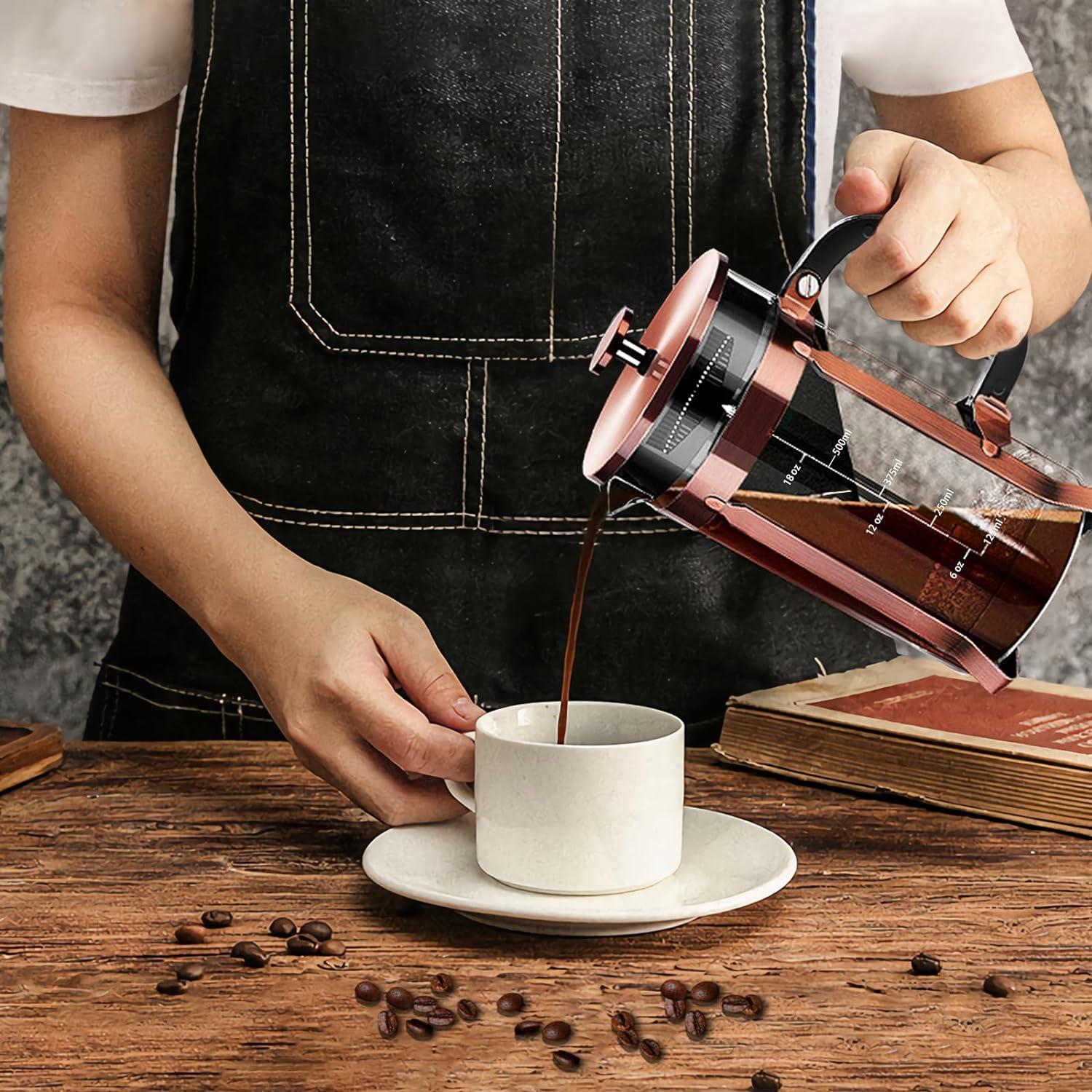 French Press Coffee Maker (21oz 600ML 3-4Cup) Coffee Press, with 4 Filters System, Heat Resistant Thickness Borosilicate Glass, Cold Brew Coffee Tea Pot Gifts (Copper)