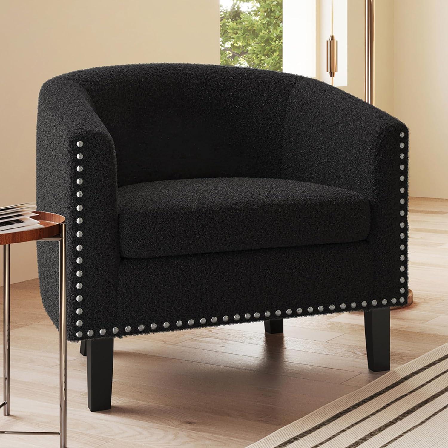 BELLEZE Accent Barrel Chair, Modern Tub Club Chair Upholstered Armchair for Living Room, Accent Chair with Silver Nail Head Trim Black Legs - Kyara (Black/Polyester)