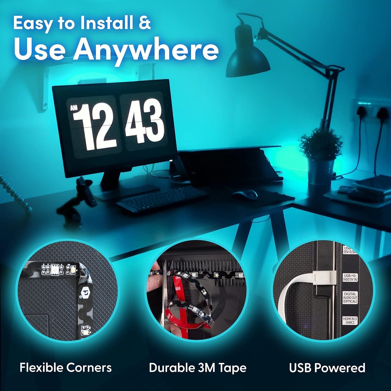 Power Practical LED Lights for TV in Living Room or Bedroom, Luminoodle Backlight, USB Powered Strips w/Remote for 15 Ambient Color Bias Lighting Options & 10 Brightness Modes, Size (60"-80" TV)