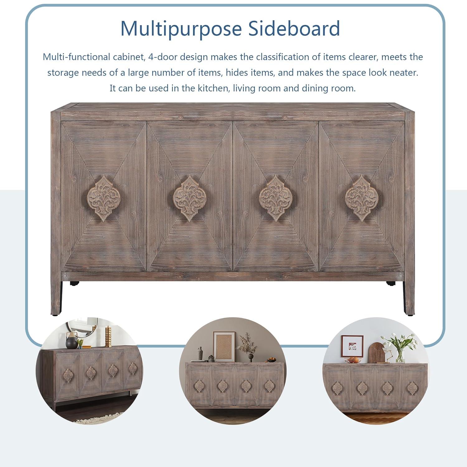 Sideboard Buffet Cabinet, Wooden Storage Cabinet with Carved Flower Door Handle, Retro Style Kitchen Sideboard Console Table for Living Room, Dining Room, Hallway, Entryway, Antique Black