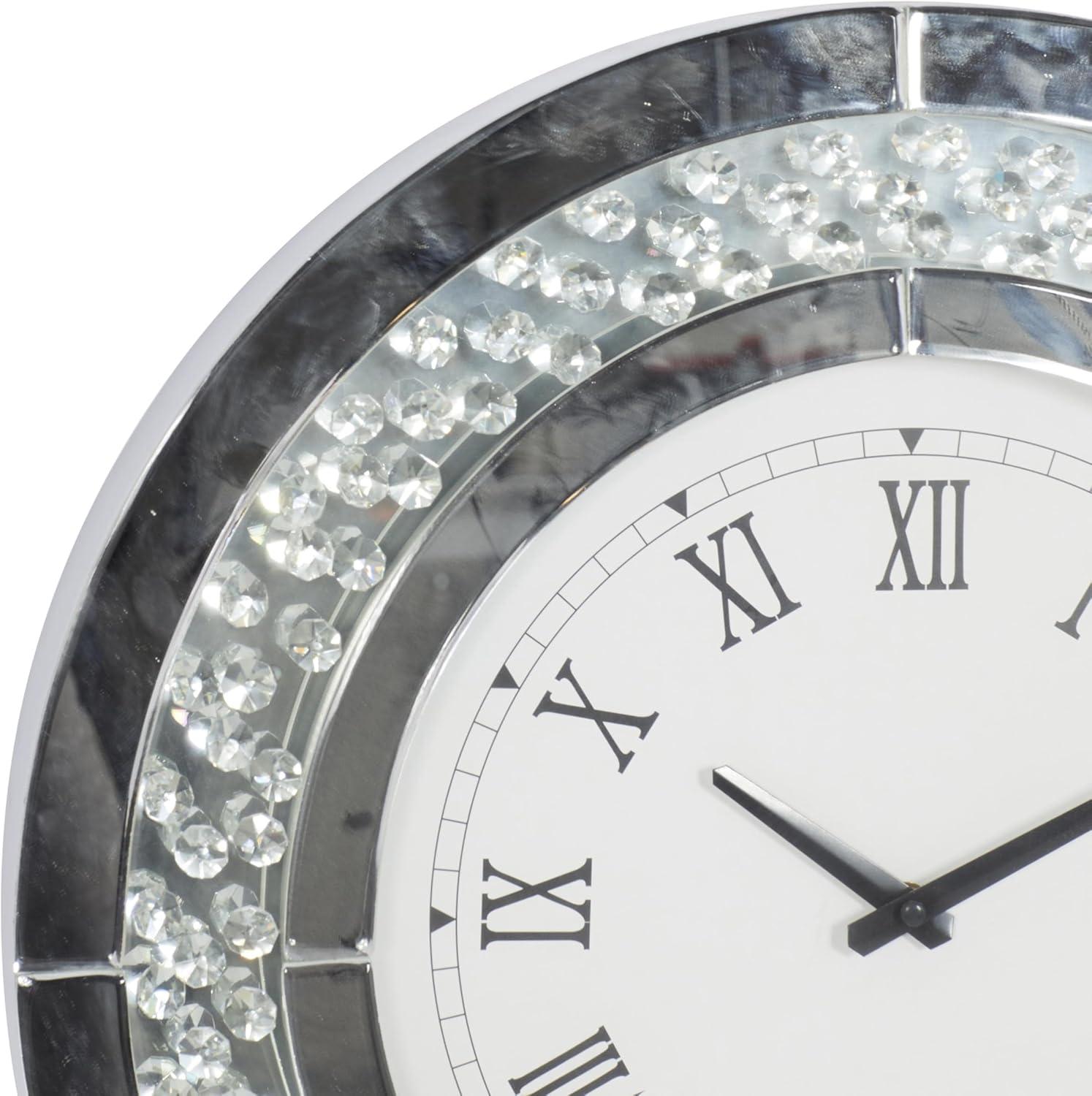 DecMode 20" White Glass Mirrored Wall Clock with Floating Crystals